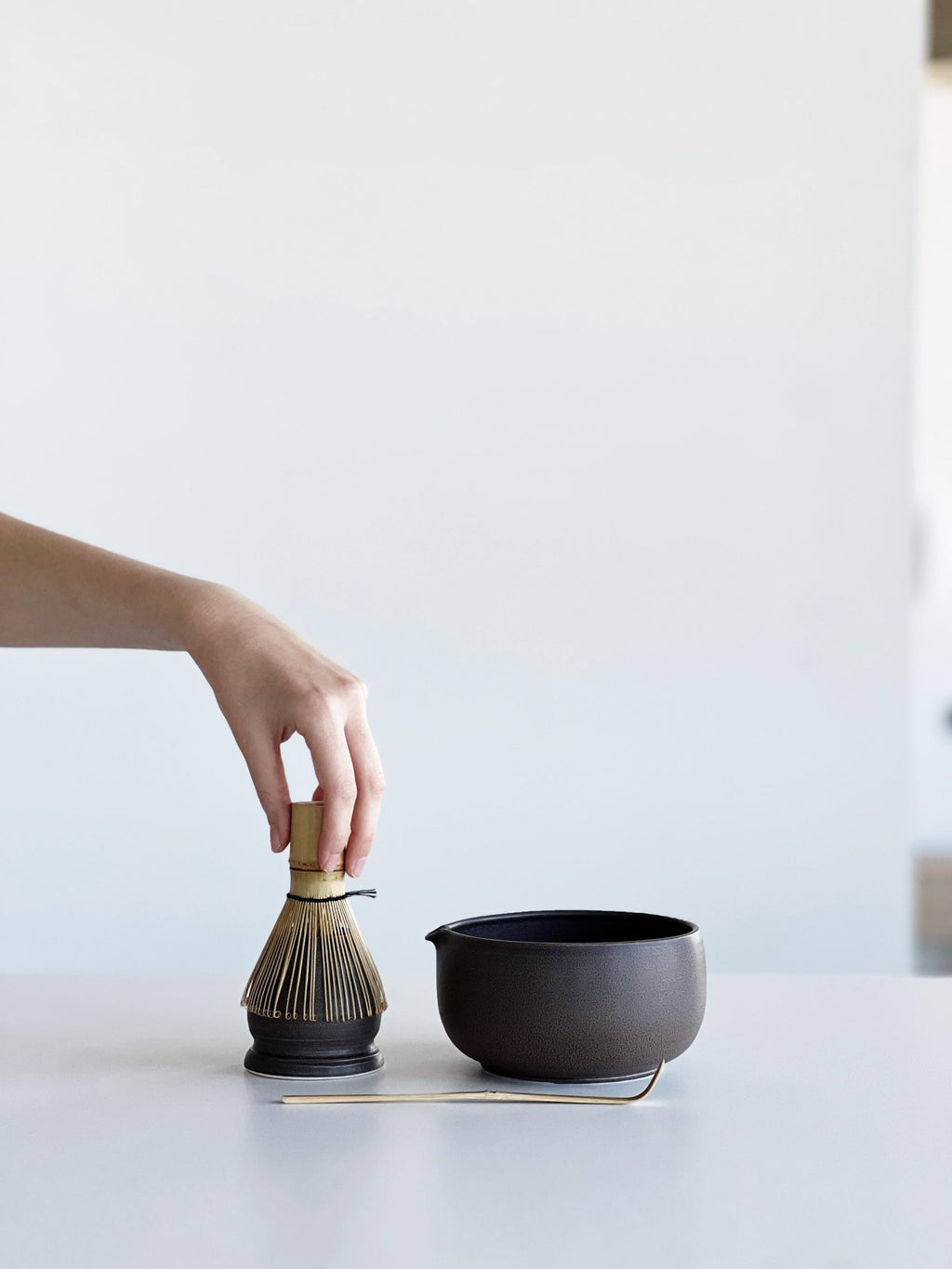 Handmade Deep Brown Ceramic Matcha Bowl Set: Bowl with Pouring Spout and Whisk Holder