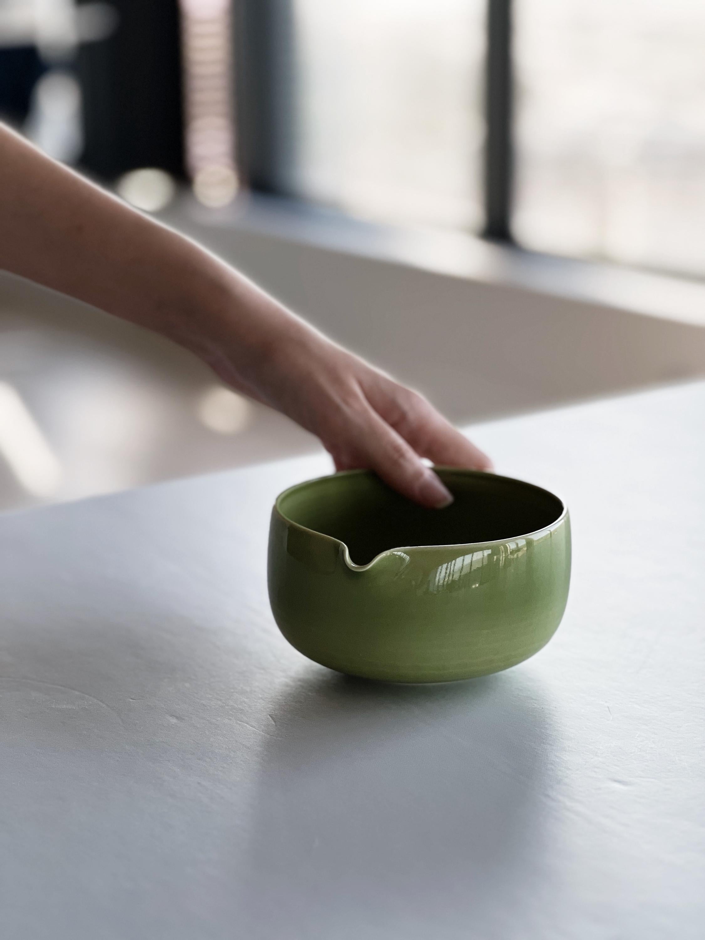 Handmade Green Celadon Ceramic Matcha Bowl Set: Bowl with Pouring Spout and Whisk Holder