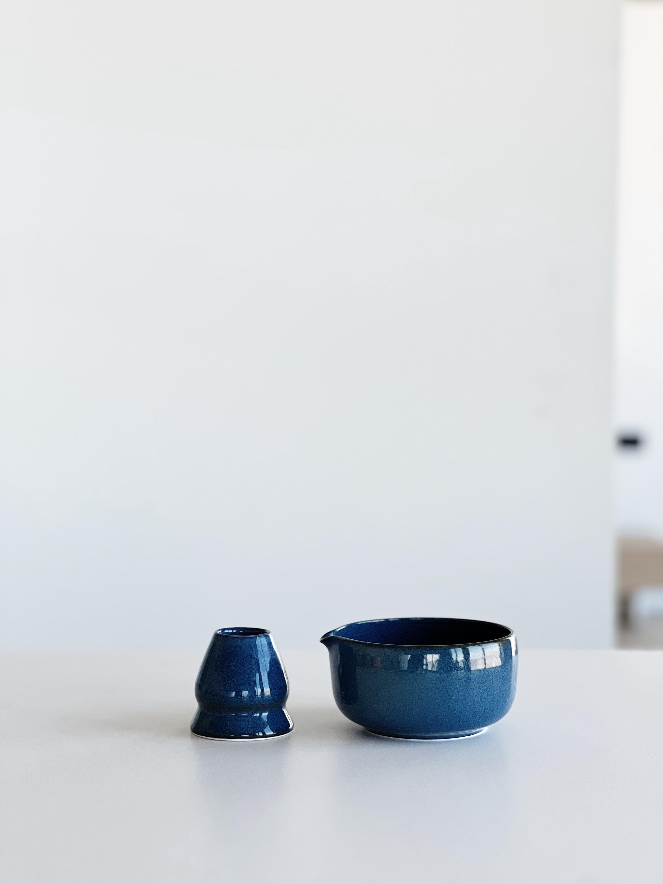 Handmade Navy Blue Ceramic Matcha Bowl Set: Bowl with Pouring Spout and Whisk Holder