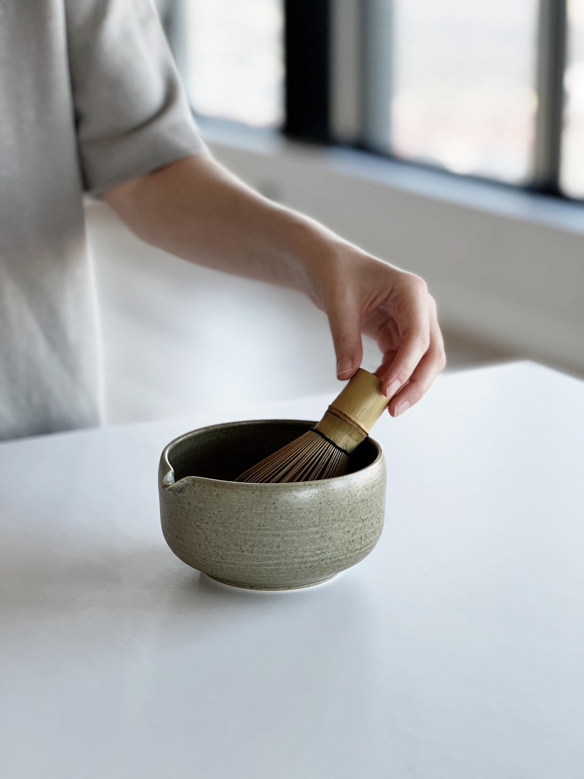Handmade Textured Green Ceramic Matcha Bowl Set: Bowl with Pouring Spout and Whisk Holder
