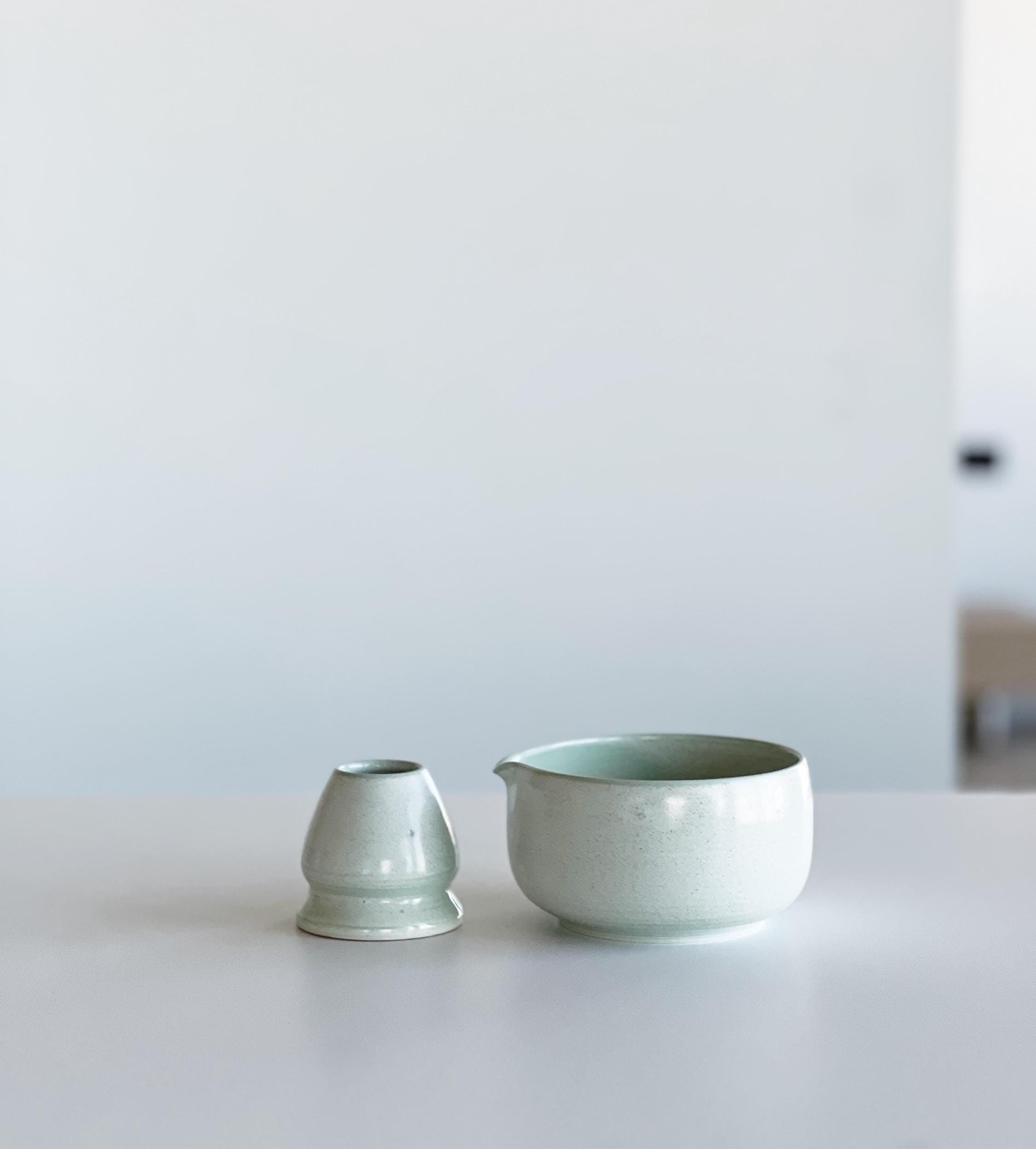 Handmade Mint Green Ceramic Matcha Bowl Set: Bowl with Pouring Spout and Whisk Holder