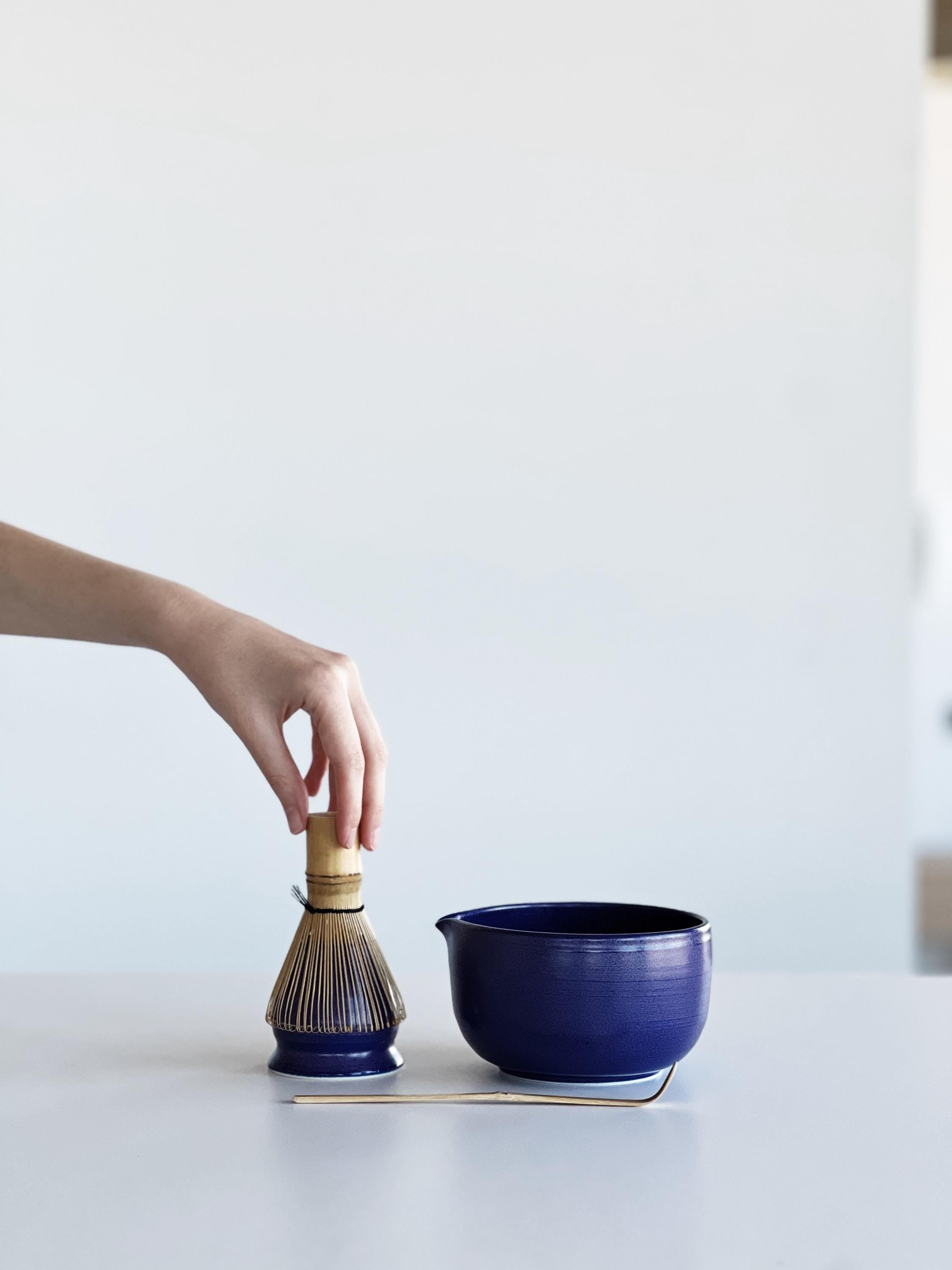 Handmade Purple Ceramic Matcha Bowl Set: Bowl with Pouring Spout and Whisk Holder
