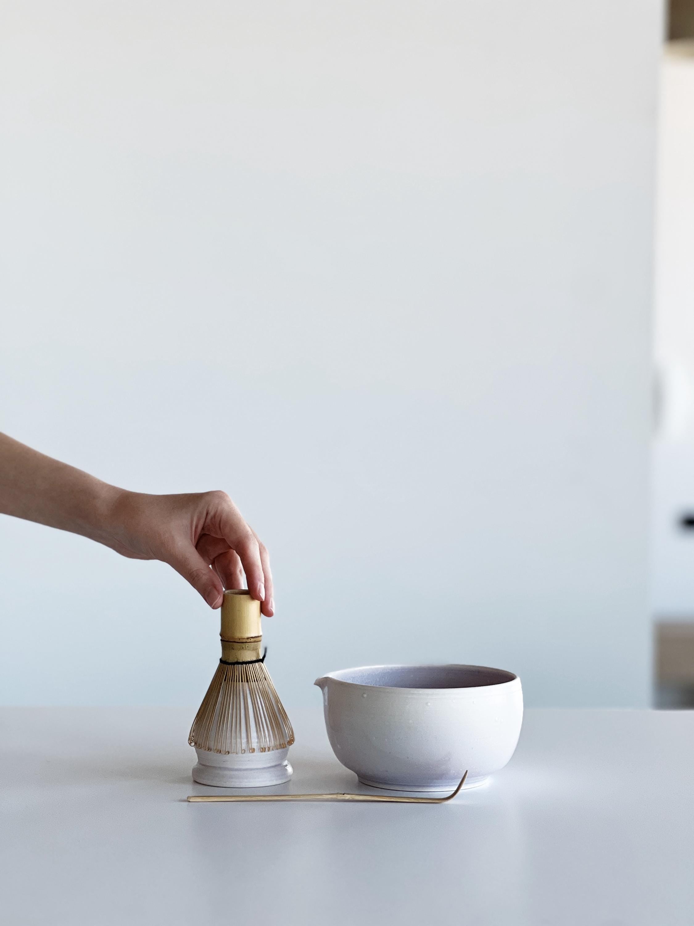 Handmade Light Lilac Ceramic Matcha Bowl Set: Bowl with Pouring Spout and Whisk Holder
