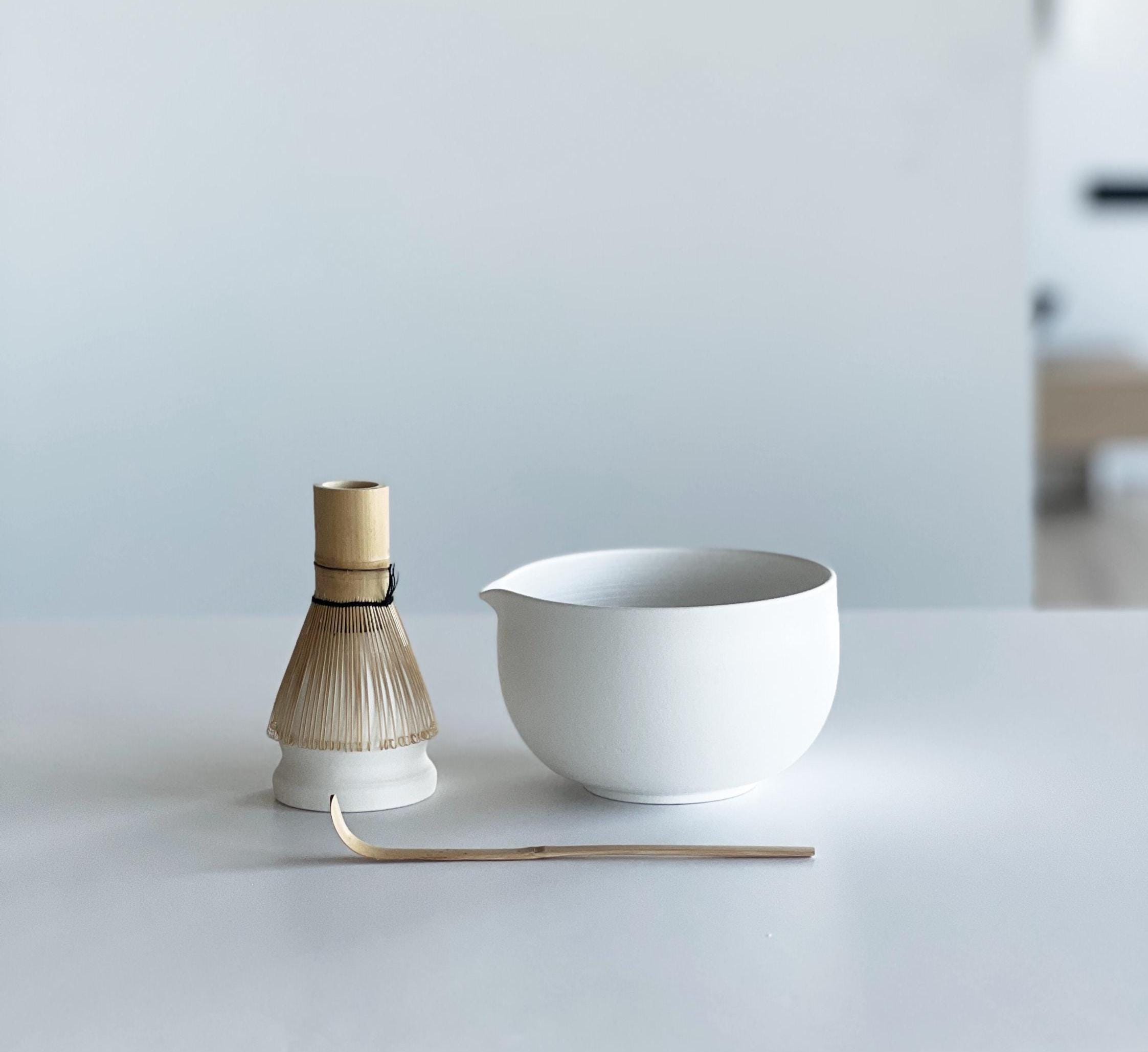 Handmade White Ceramic Matcha Bowl Set: Bowl with Pouring Spout and Whisk Holder