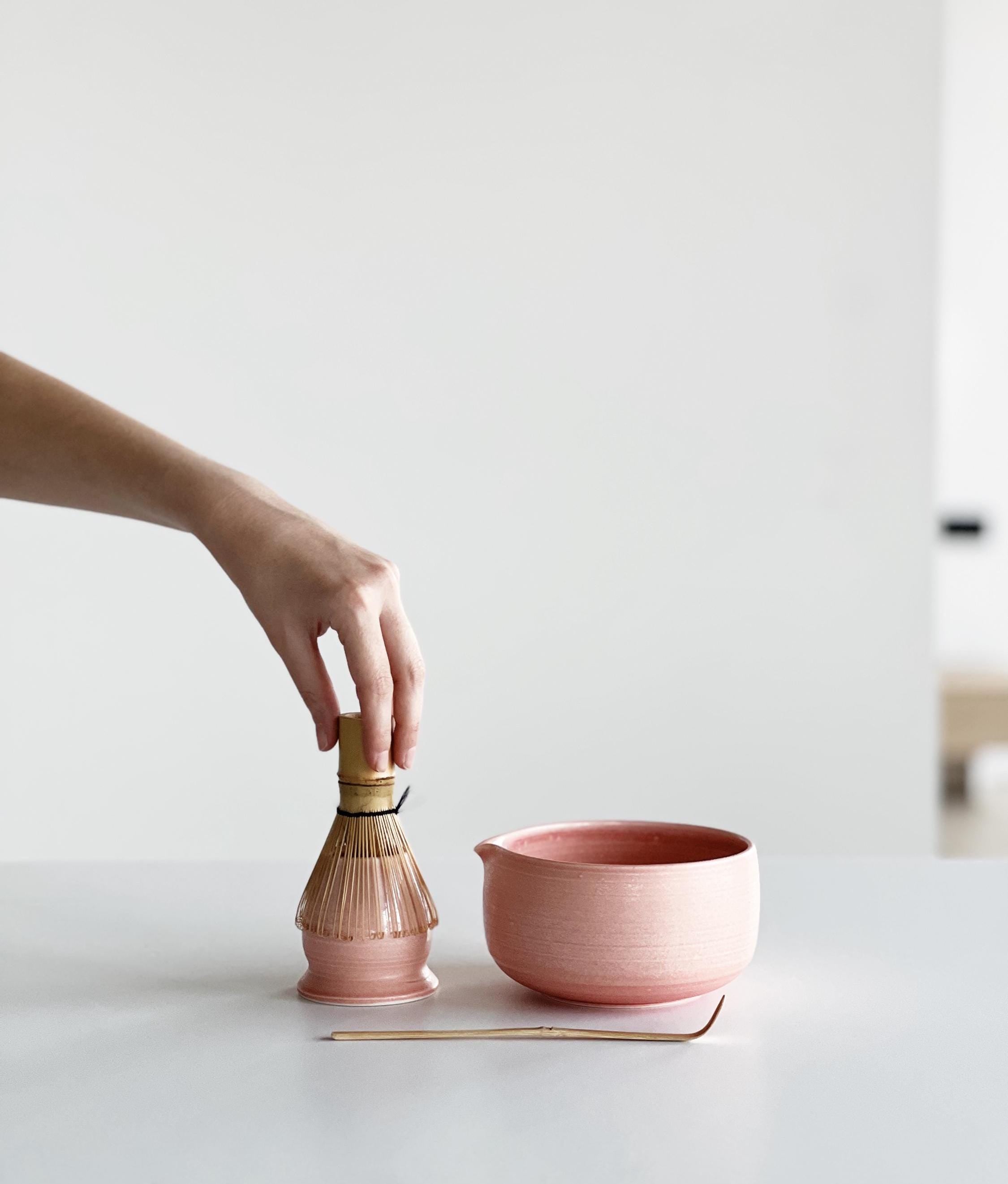 Handmade Blush Pink Ceramic Matcha Bowl Set: Bowl with Pouring Spout and Whisk Holder