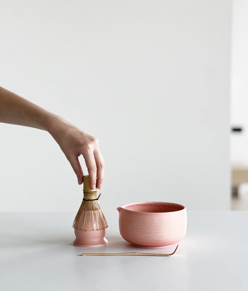 Handmade Blush Pink Ceramic Matcha Bowl Set: Bowl with Pouring Spout and Whisk Holder