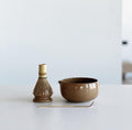 Handmade Glossy Brown Ceramic Matcha Bowl Set: Bowl with Pouring Spout and Whisk Holder