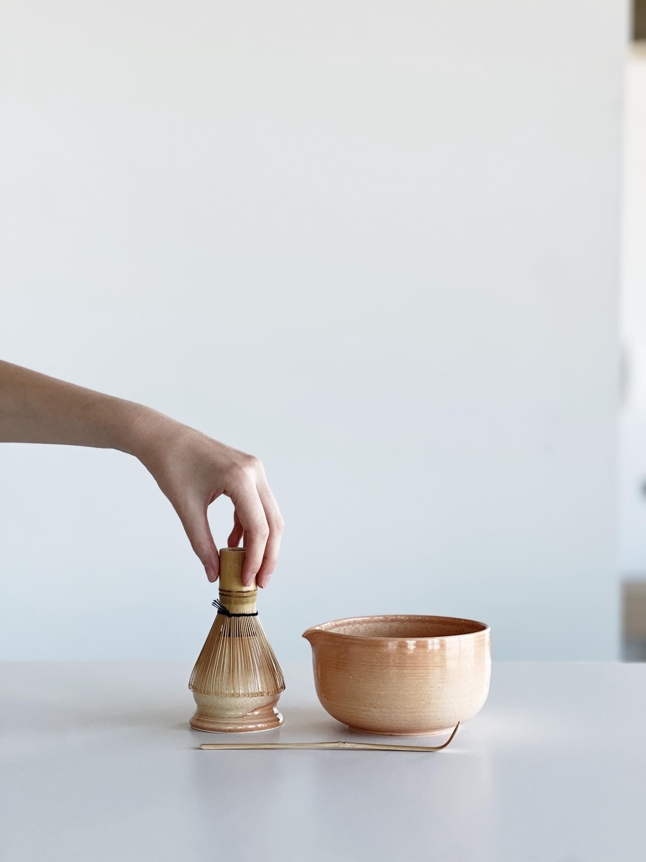 Handmade Salmon Ceramic Matcha Bowl Set: Bowl with Pouring Spout and Whisk Holder