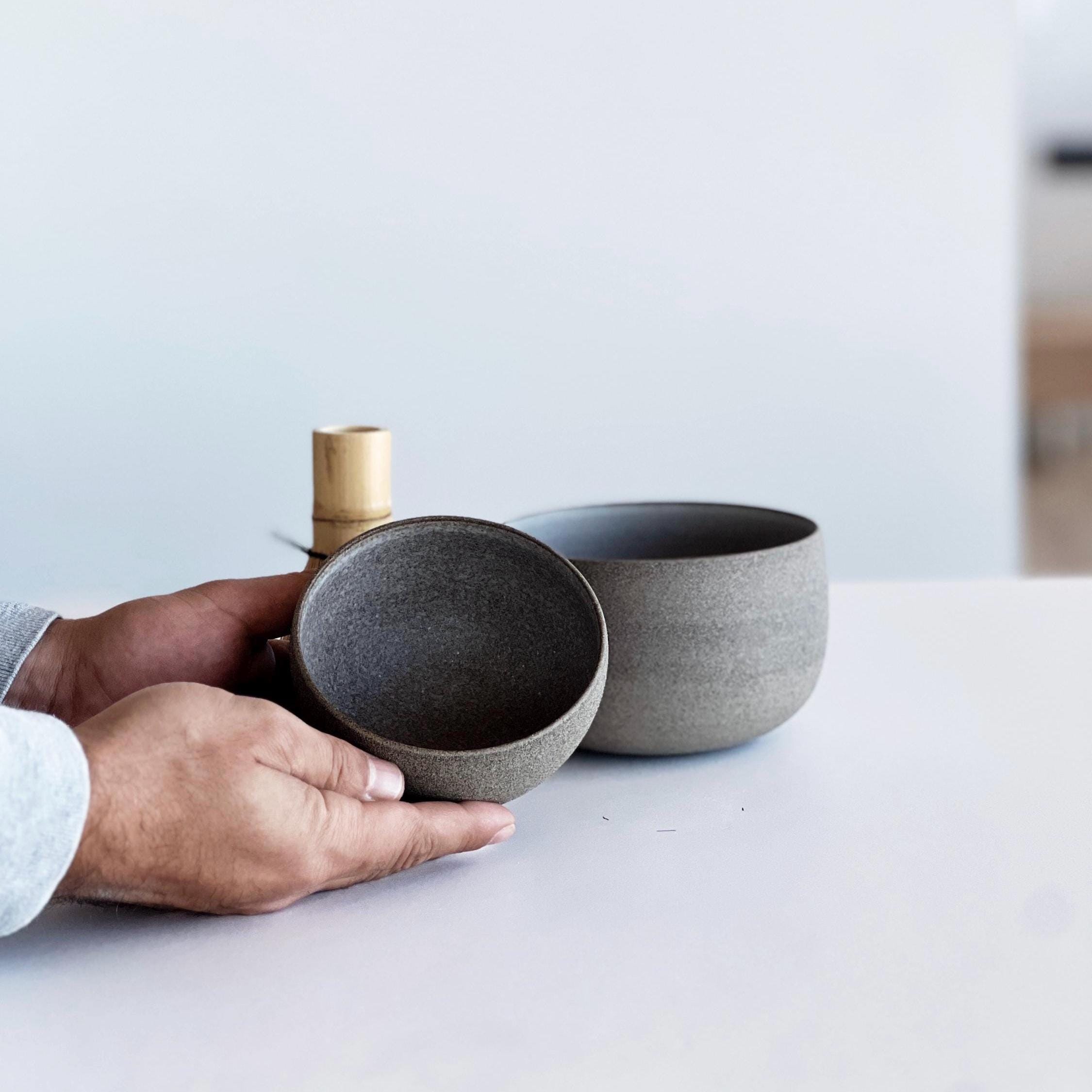 Handmade Rustic Ceramic Matcha Bowl Set: Bowl with Pouring Spout, Whisk Holder, Tea Cup