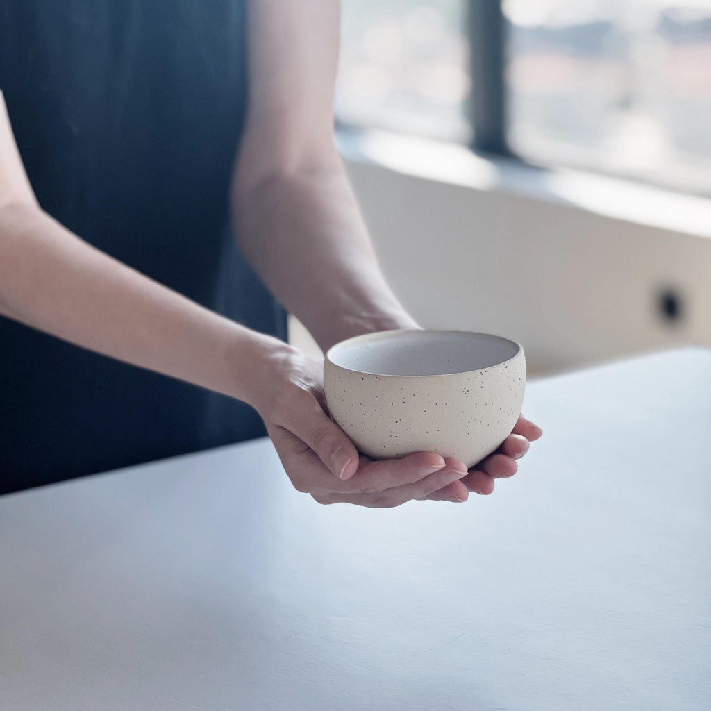 Handmade Speckled Ceramic Matcha Bowl Set: Bowl with Pouring Spout, Whisk Holder, Tea Cup