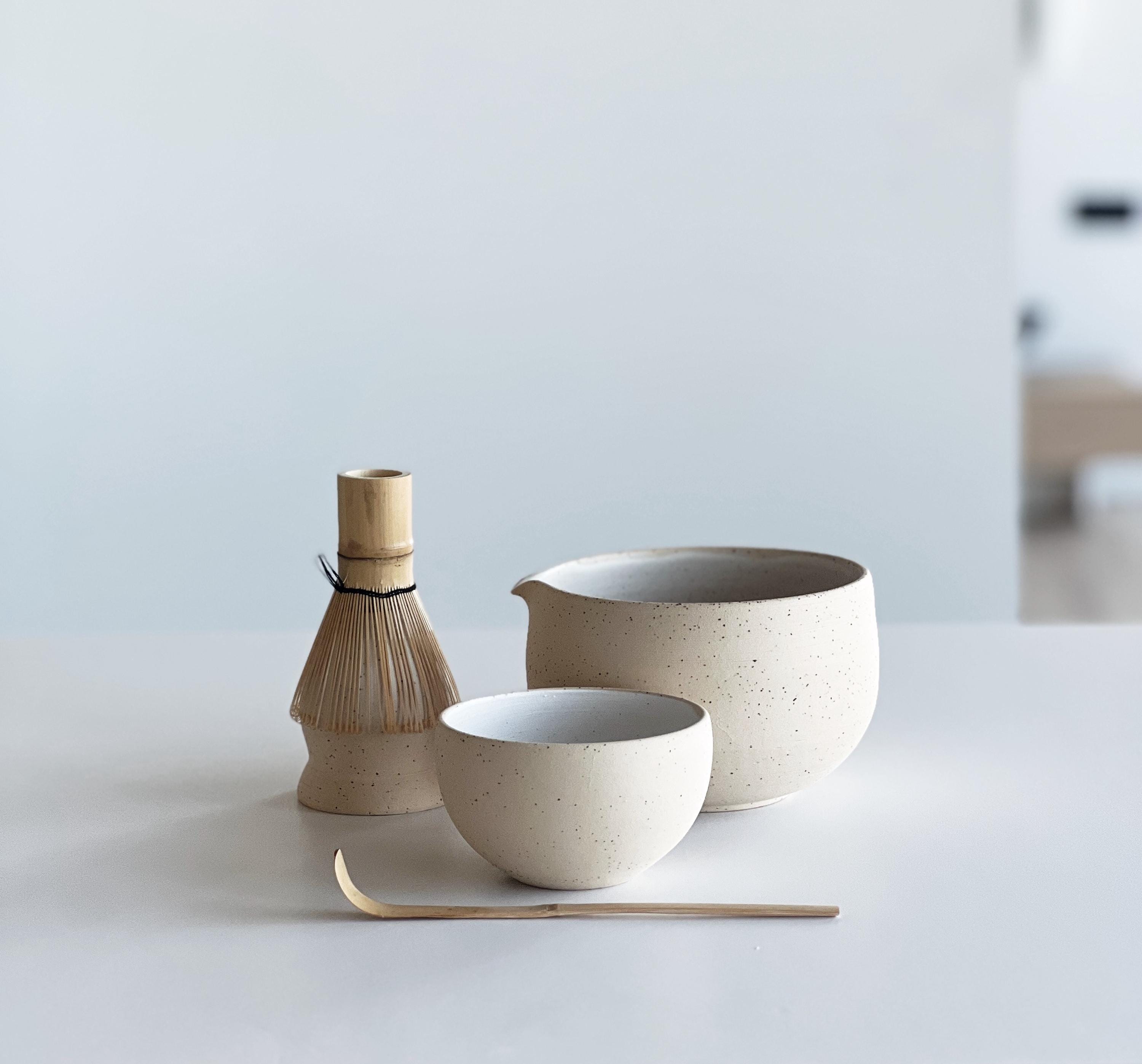 Handmade Speckled Ceramic Matcha Bowl Set: Bowl with Pouring Spout, Whisk Holder, Tea Cup