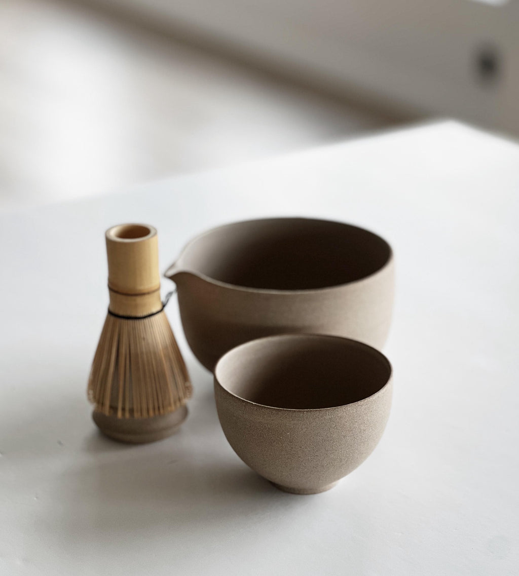 Handmade Toffee Ceramic Matcha Bowl Set: Bowl with Pouring Spout, Whisk Holder and Cup
