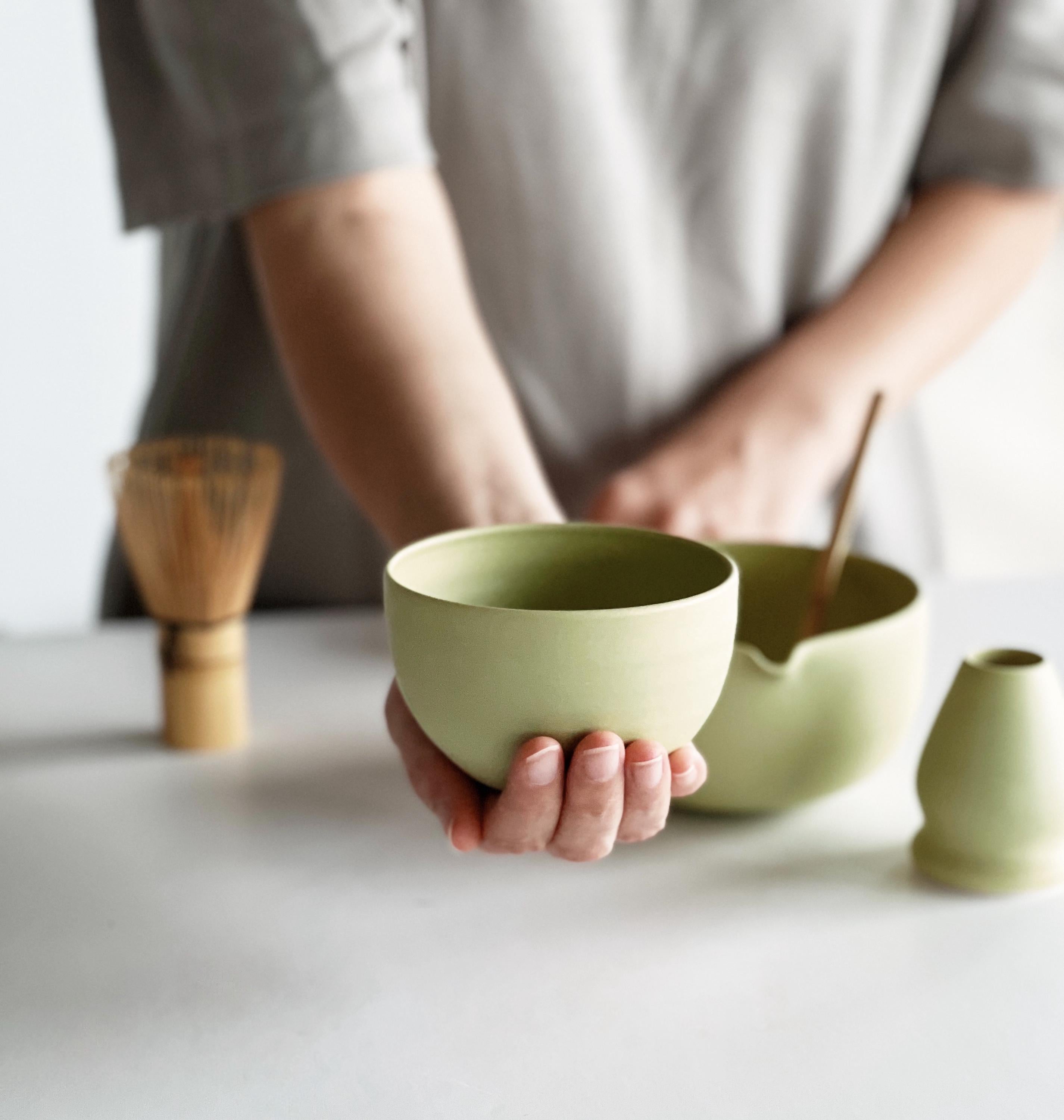 Handmade Lime Green Porcelain Matcha Bowl Set with Pouring Spout, Whisk Holder, Tea Cup
