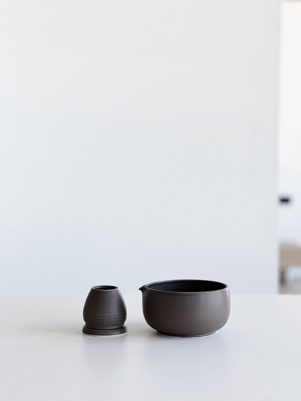 Handmade Deep Brown Ceramic Matcha Bowl Set: Bowl with Pouring Spout and Whisk Holder