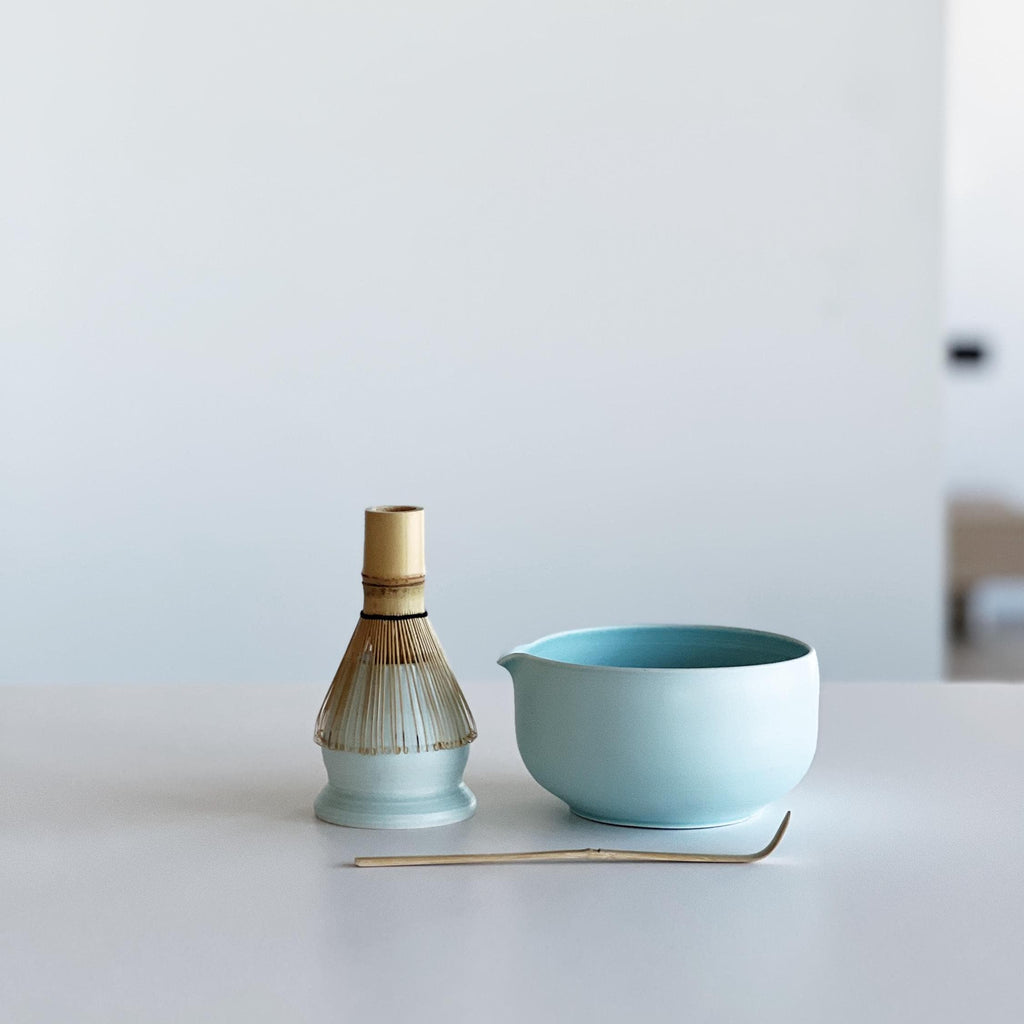 Handmade Baby Blue Ceramic Matcha Bowl Set: Bowl with Pouring Spout and Whisk Holder