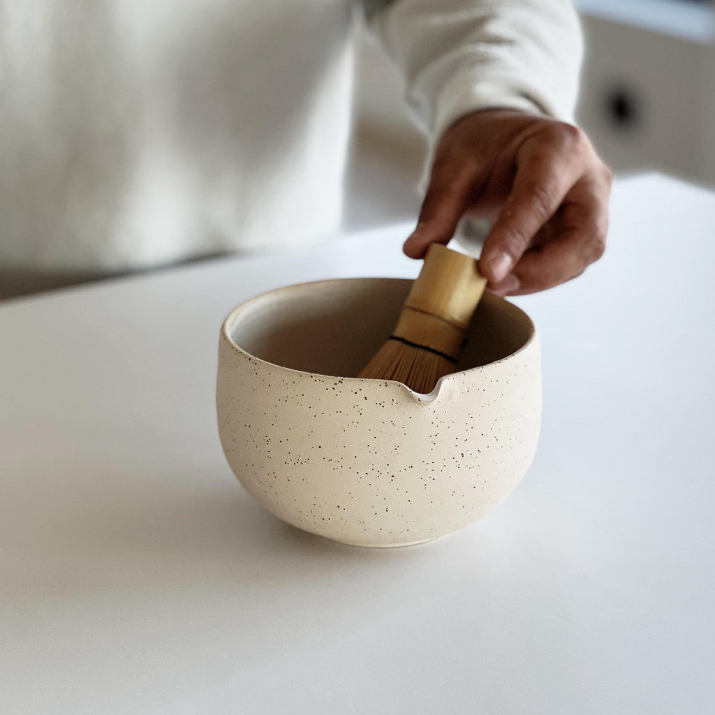 Handmade Speckled Ceramic Matcha Bowl Set: Bowl with Pouring Spout, Whisk Holder, Tea Cup