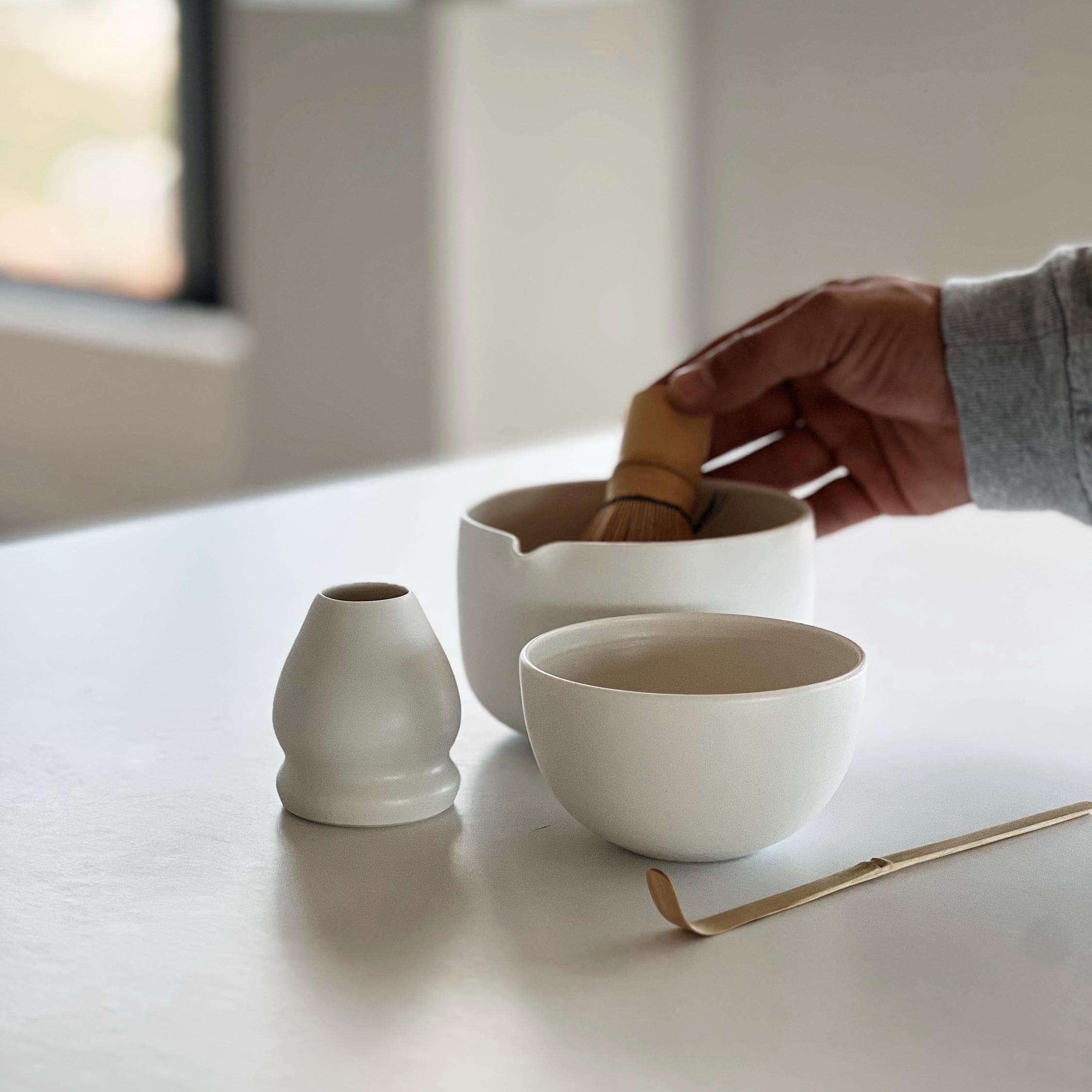 Handmade White Porcelain Matcha Bowl Set: Spout Bowl, Tea Cup, Whisk Holder