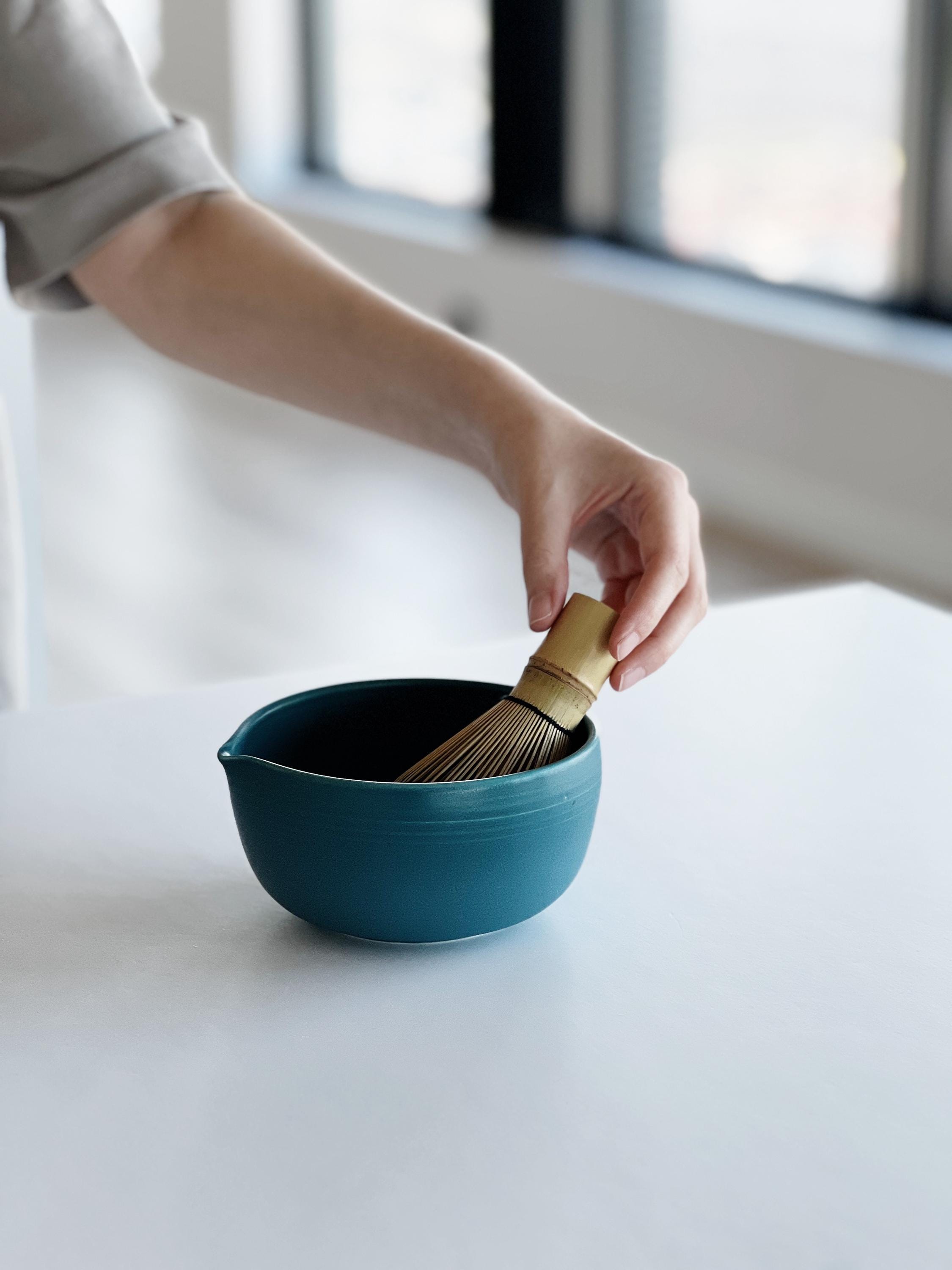Handmade Indigo Blue Ceramic Matcha Bowl Set: Bowl with Pouring Spout and Whisk Holder