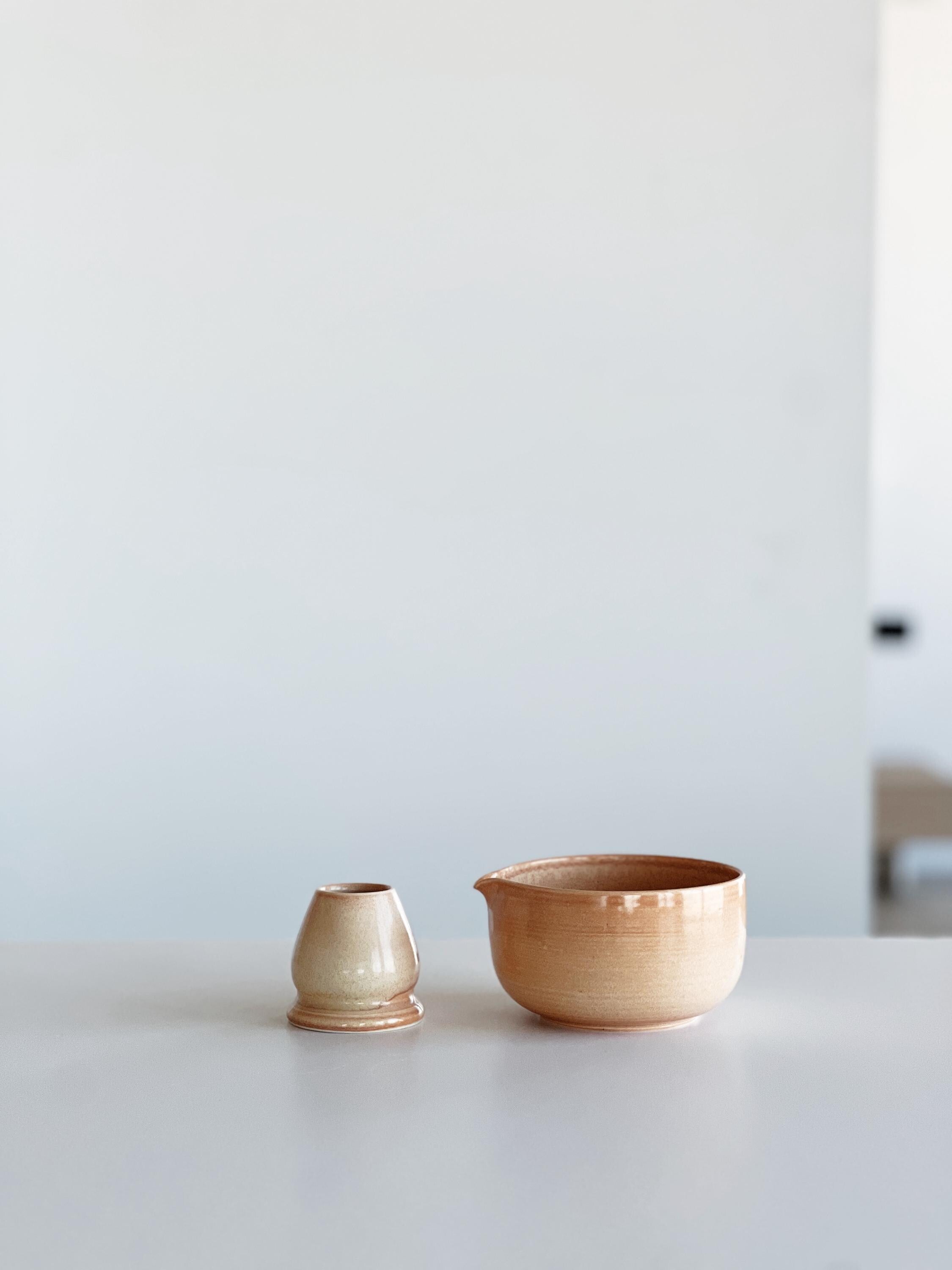 Handmade Salmon Ceramic Matcha Bowl Set: Bowl with Pouring Spout and Whisk Holder