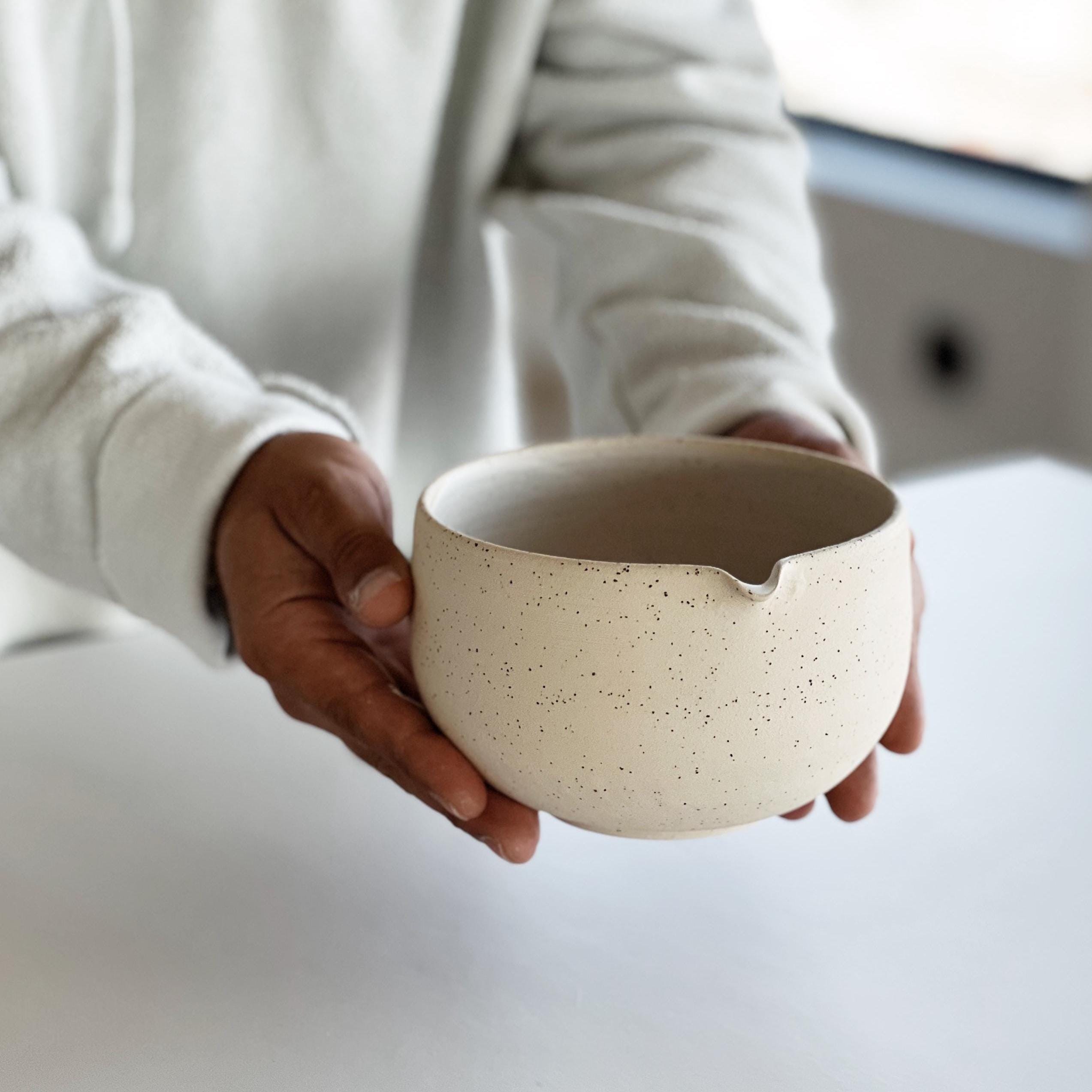Handmade Speckled Ceramic Matcha Bowl Set: Bowl with Pouring Spout, Whisk Holder, Tea Cup