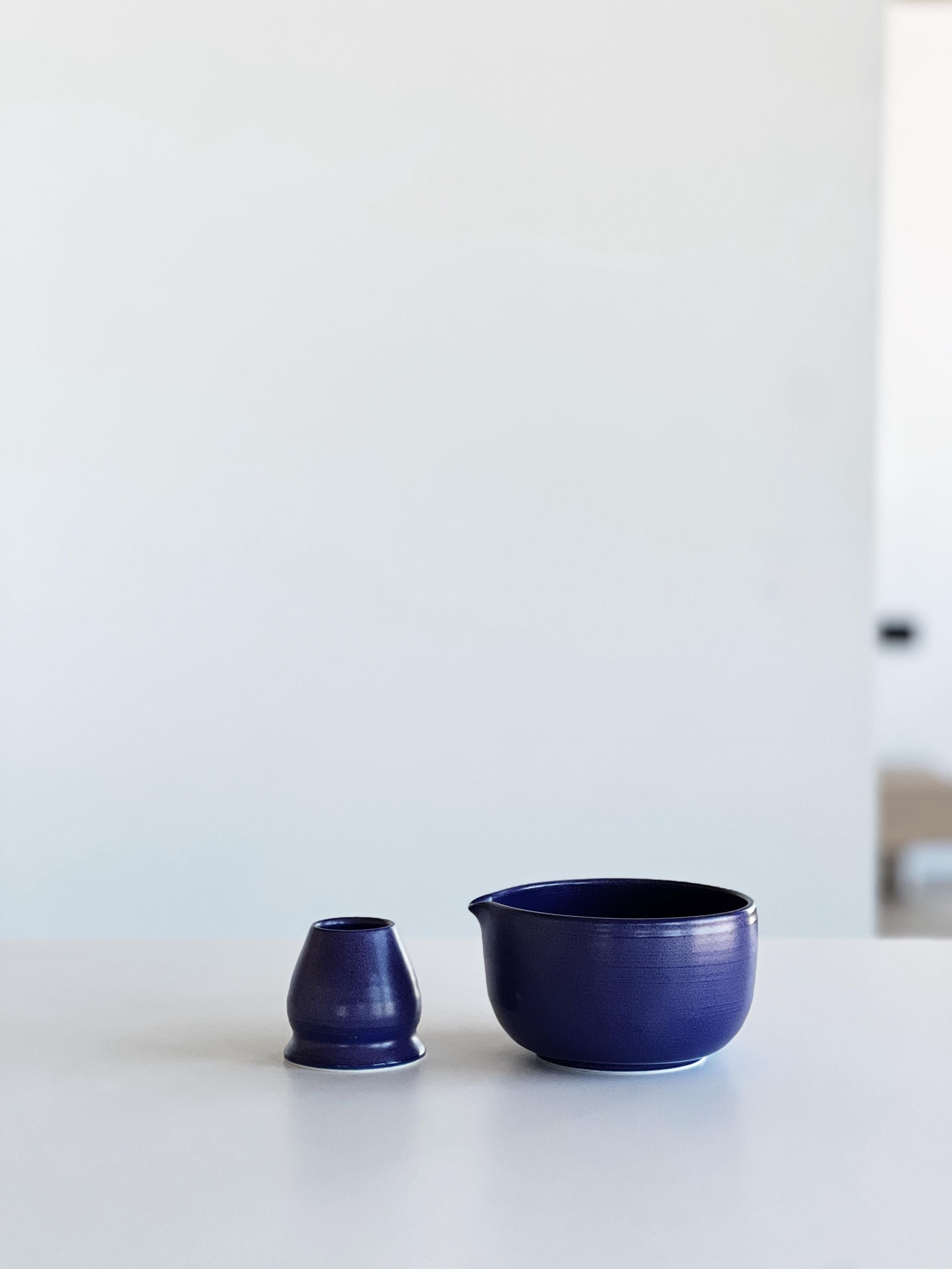 Handmade Purple Ceramic Matcha Bowl Set: Bowl with Pouring Spout and Whisk Holder