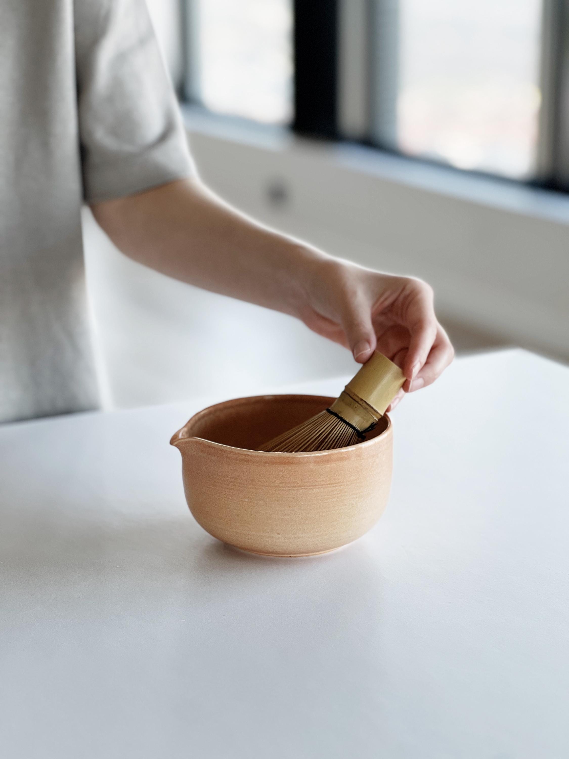 Handmade Salmon Ceramic Matcha Bowl Set: Bowl with Pouring Spout and Whisk Holder
