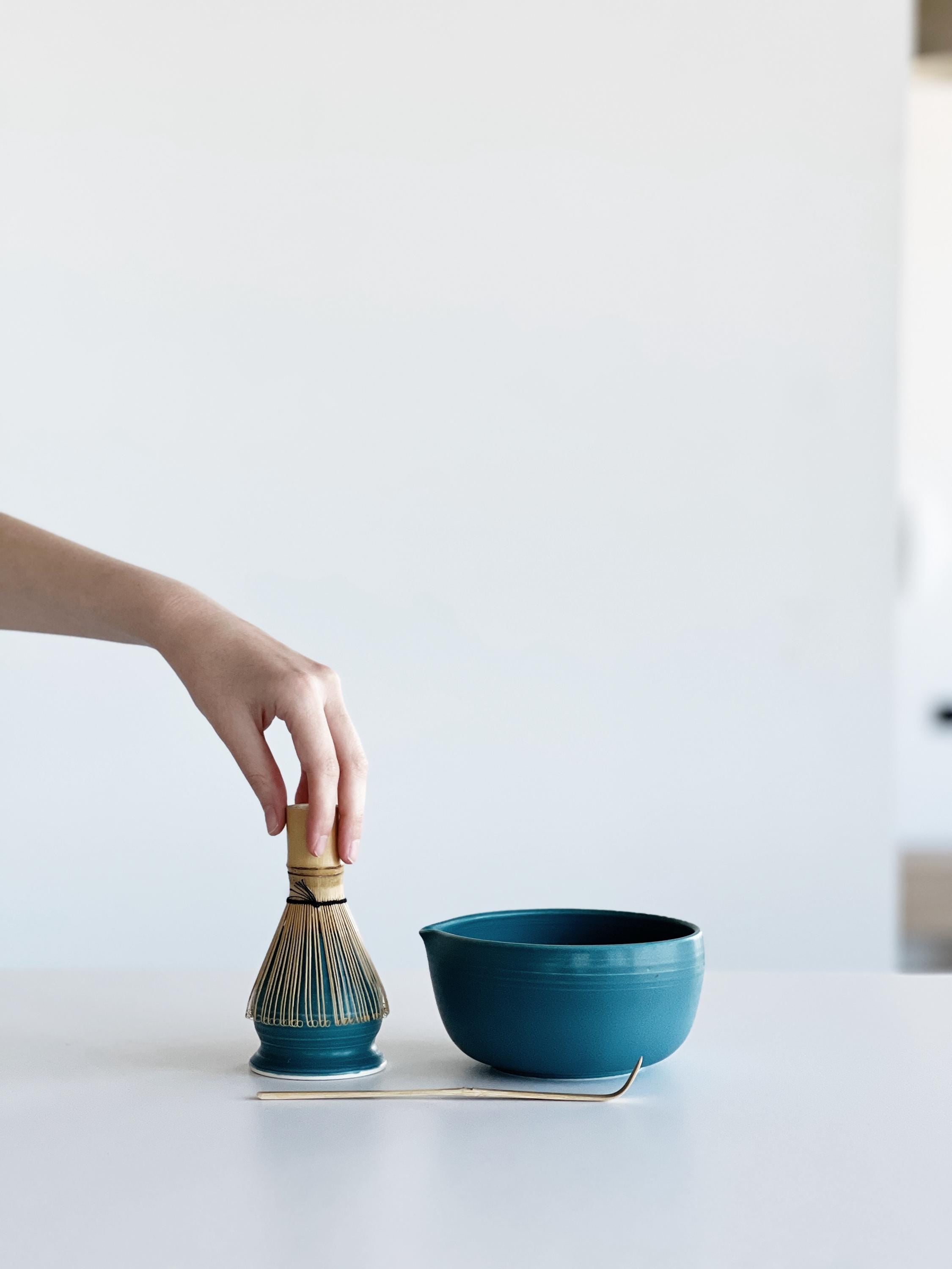 Handmade Indigo Blue Ceramic Matcha Bowl Set: Bowl with Pouring Spout and Whisk Holder