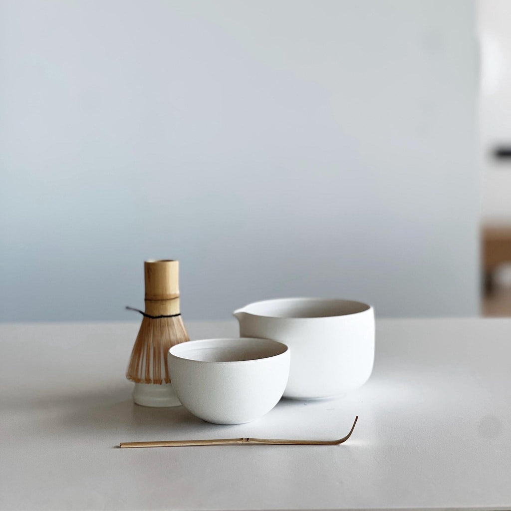 Handmade White Porcelain Matcha Bowl Set: Spout Bowl, Tea Cup, Whisk Holder
