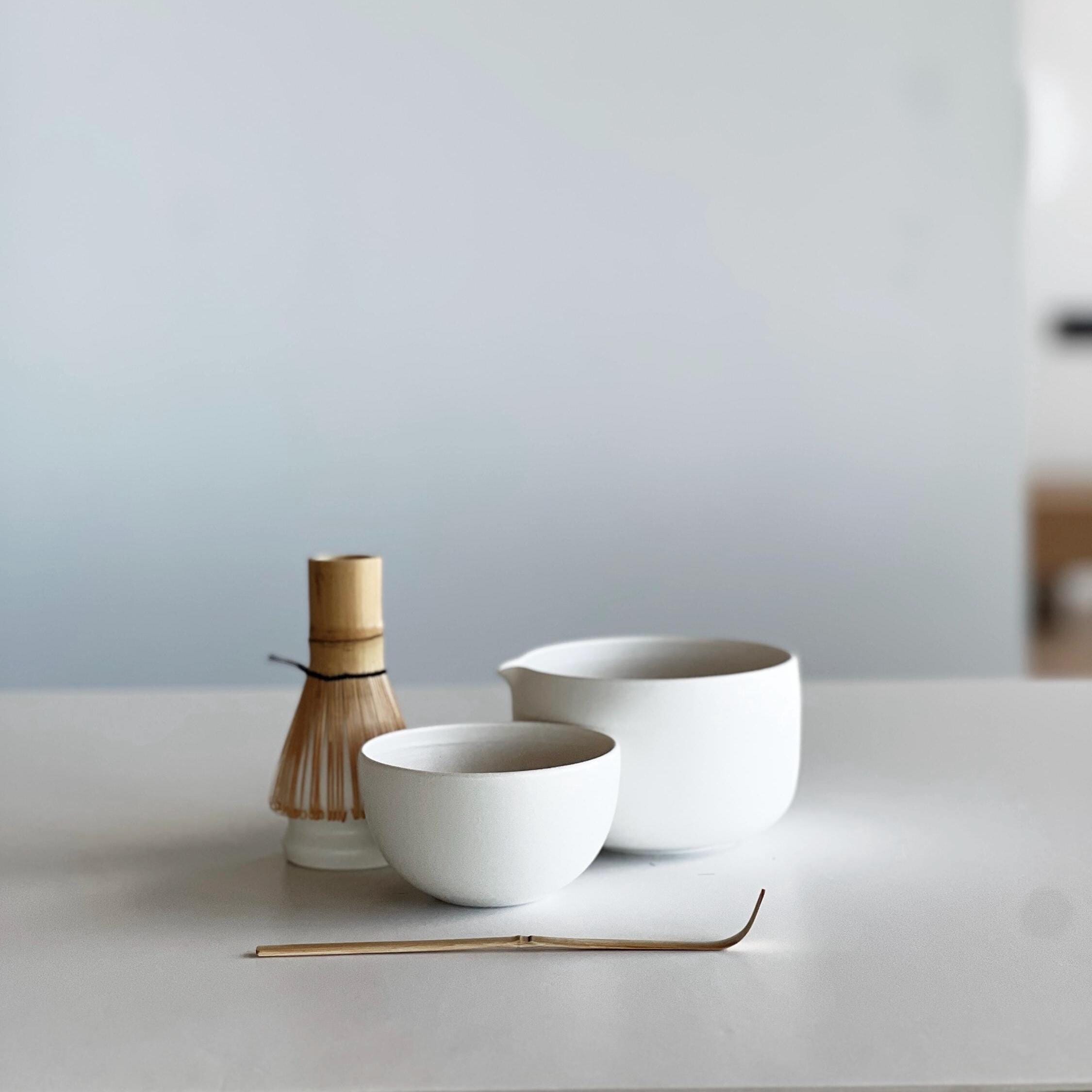Handmade White Porcelain Matcha Bowl Set: Spout Bowl, Tea Cup, Whisk Holder