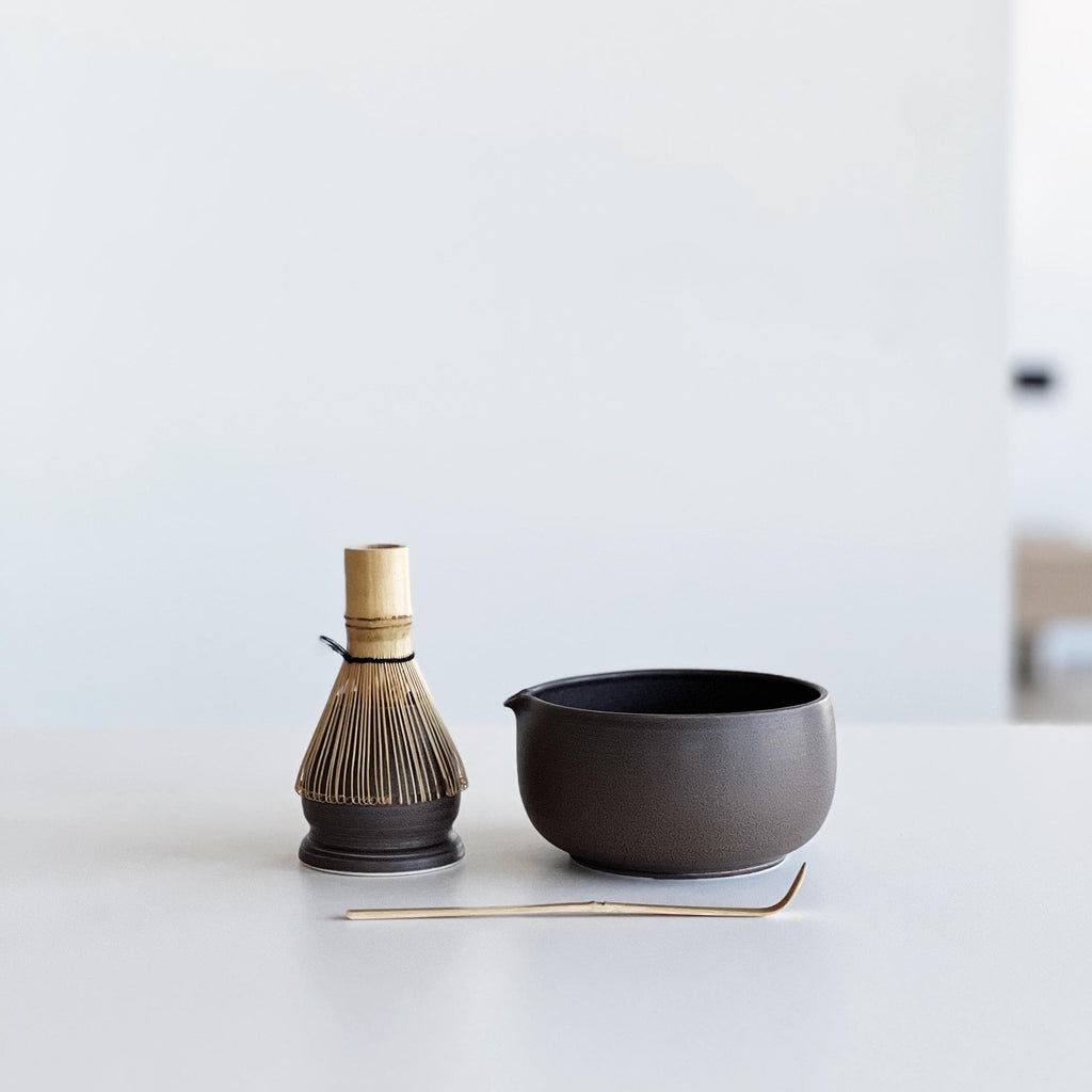 Handmade Deep Brown Ceramic Matcha Bowl Set: Bowl with Pouring Spout and Whisk Holder