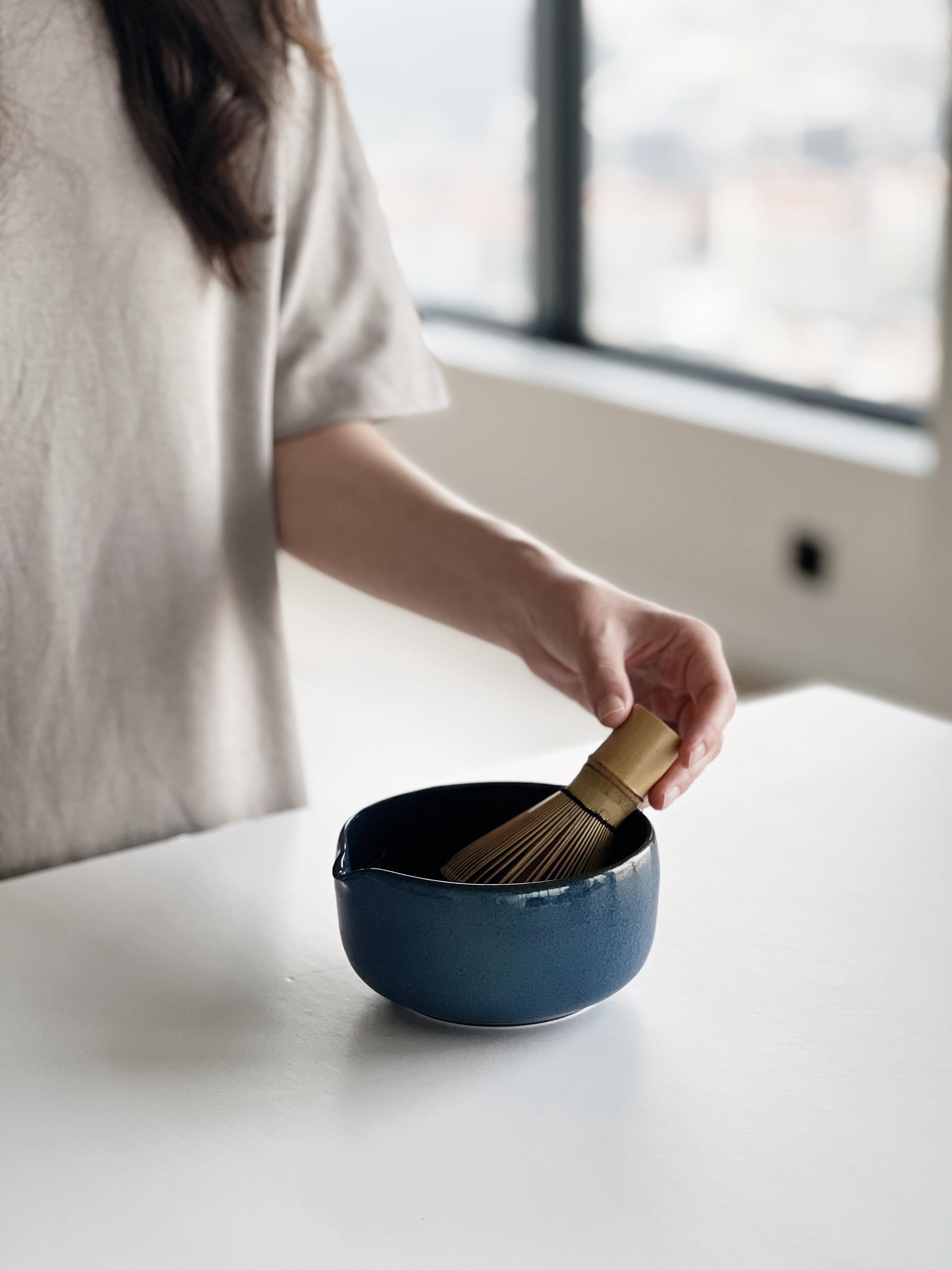 Handmade Navy Blue Ceramic Matcha Bowl Set: Bowl with Pouring Spout and Whisk Holder