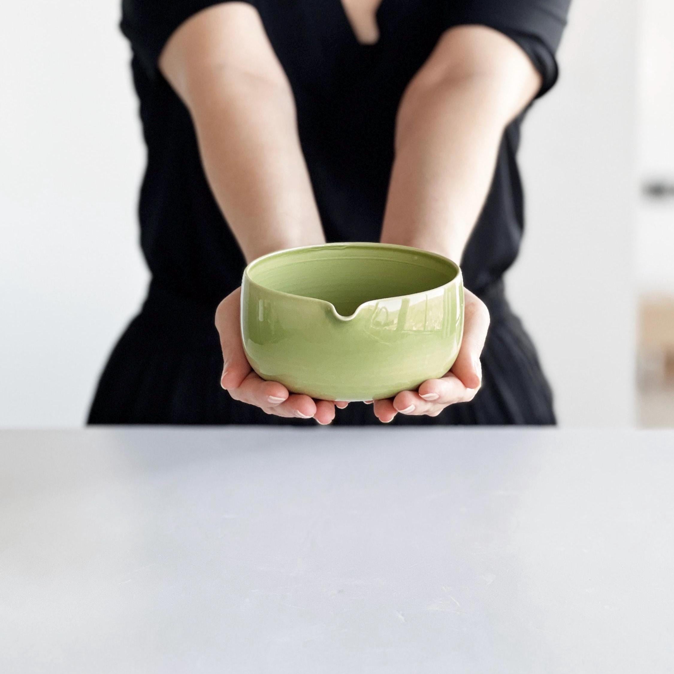 Handmade Green Celadon Ceramic Matcha Bowl Set: Bowl with Pouring Spout and Whisk Holder