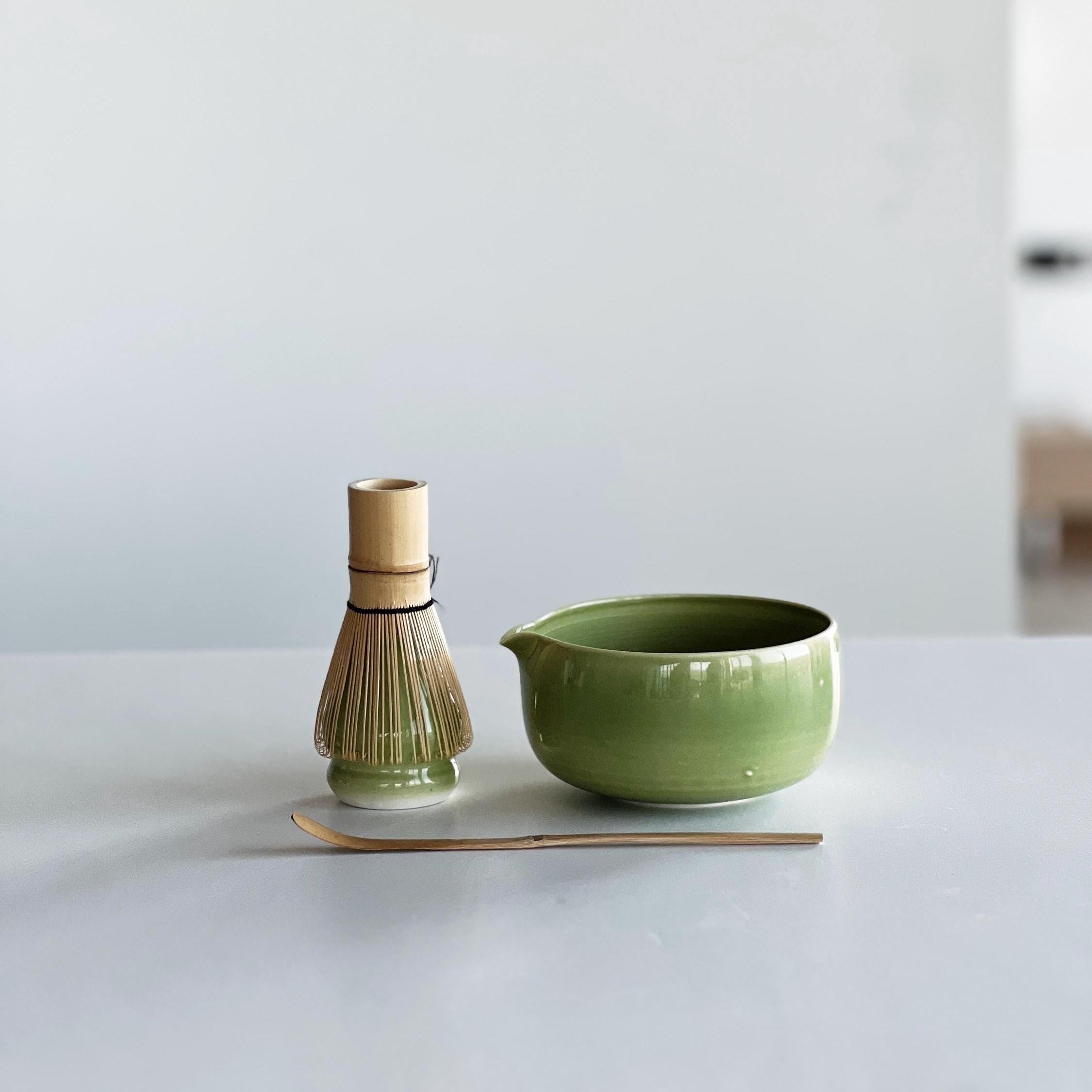 Handmade Green Celadon Ceramic Matcha Bowl Set: Bowl with Pouring Spout and Whisk Holder