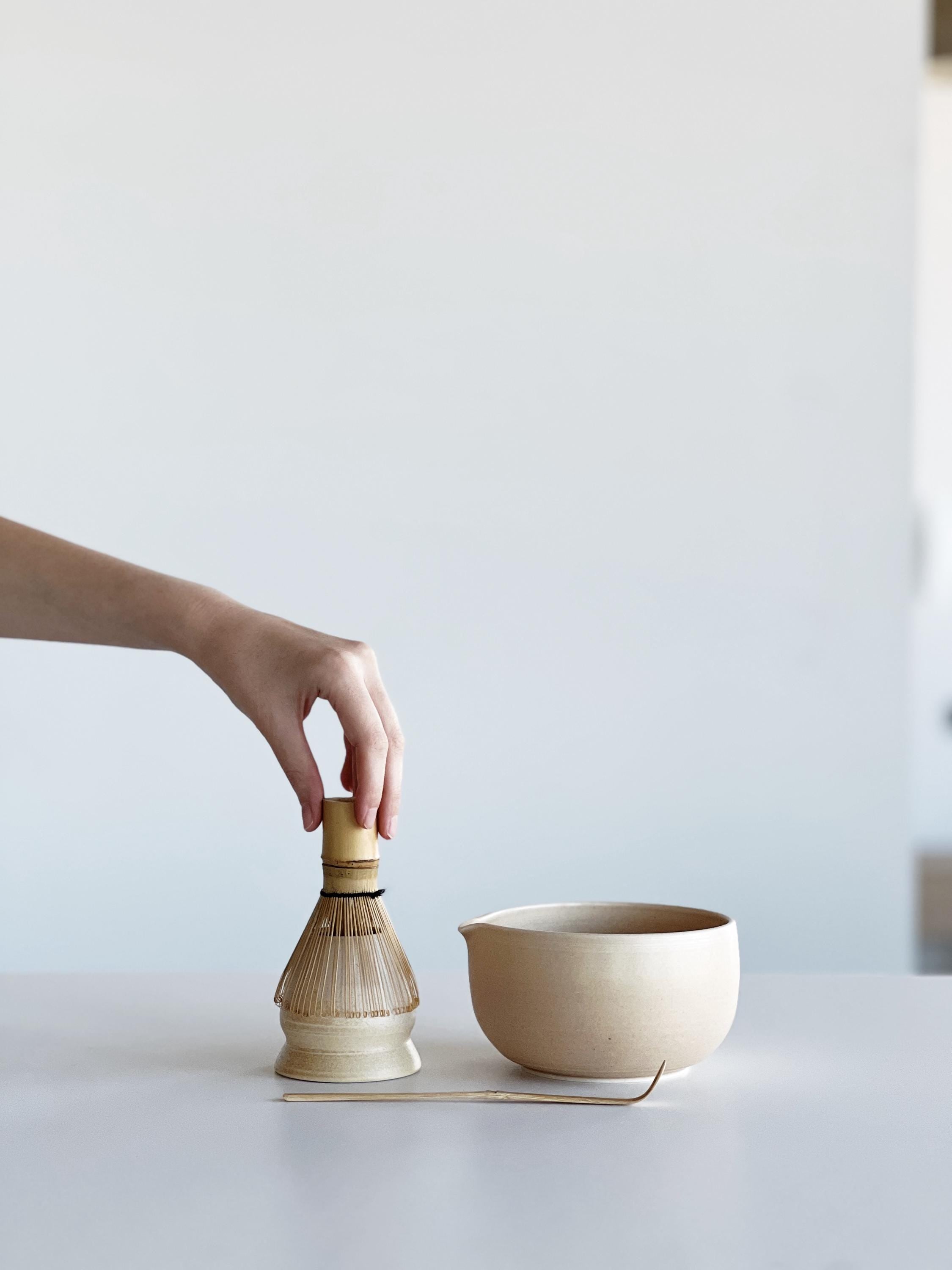 Handmade Beige Ceramic Matcha Bowl Set: Bowl with Pouring Spout and Whisk Holder