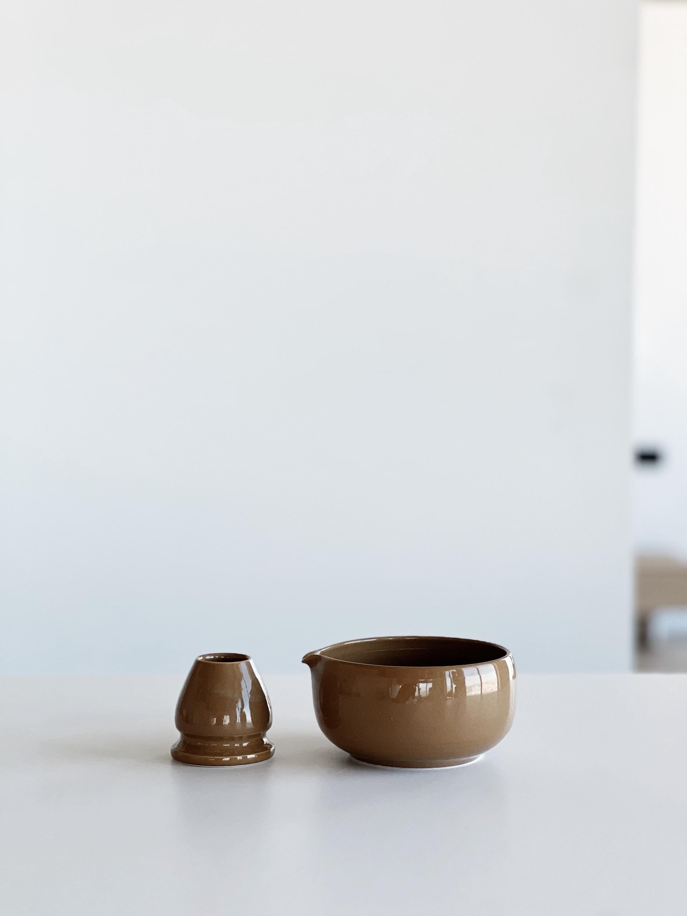 Handmade Glossy Brown Ceramic Matcha Bowl Set: Bowl with Pouring Spout and Whisk Holder
