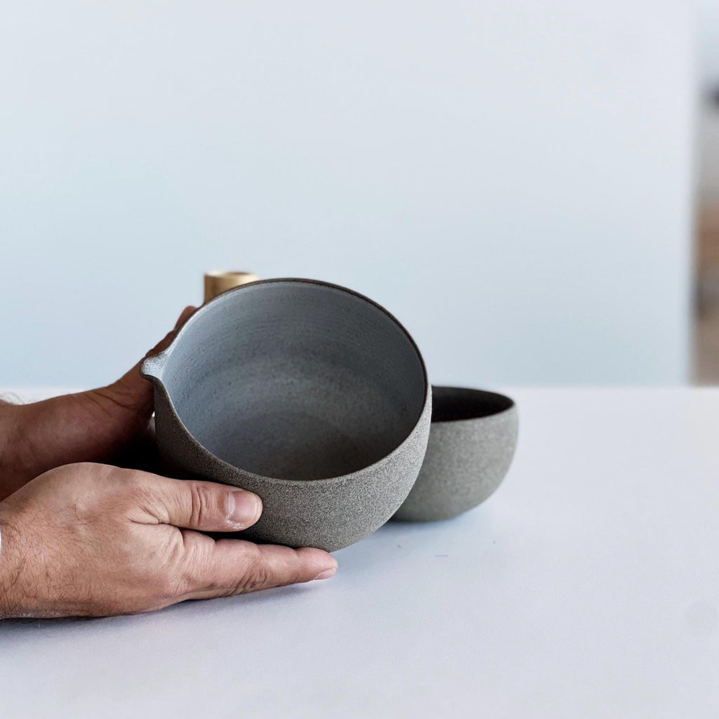 Handmade Rustic Ceramic Matcha Bowl Set: Bowl with Pouring Spout, Whisk Holder, Tea Cup