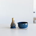Handmade Navy Blue Ceramic Matcha Bowl Set: Bowl with Pouring Spout and Whisk Holder