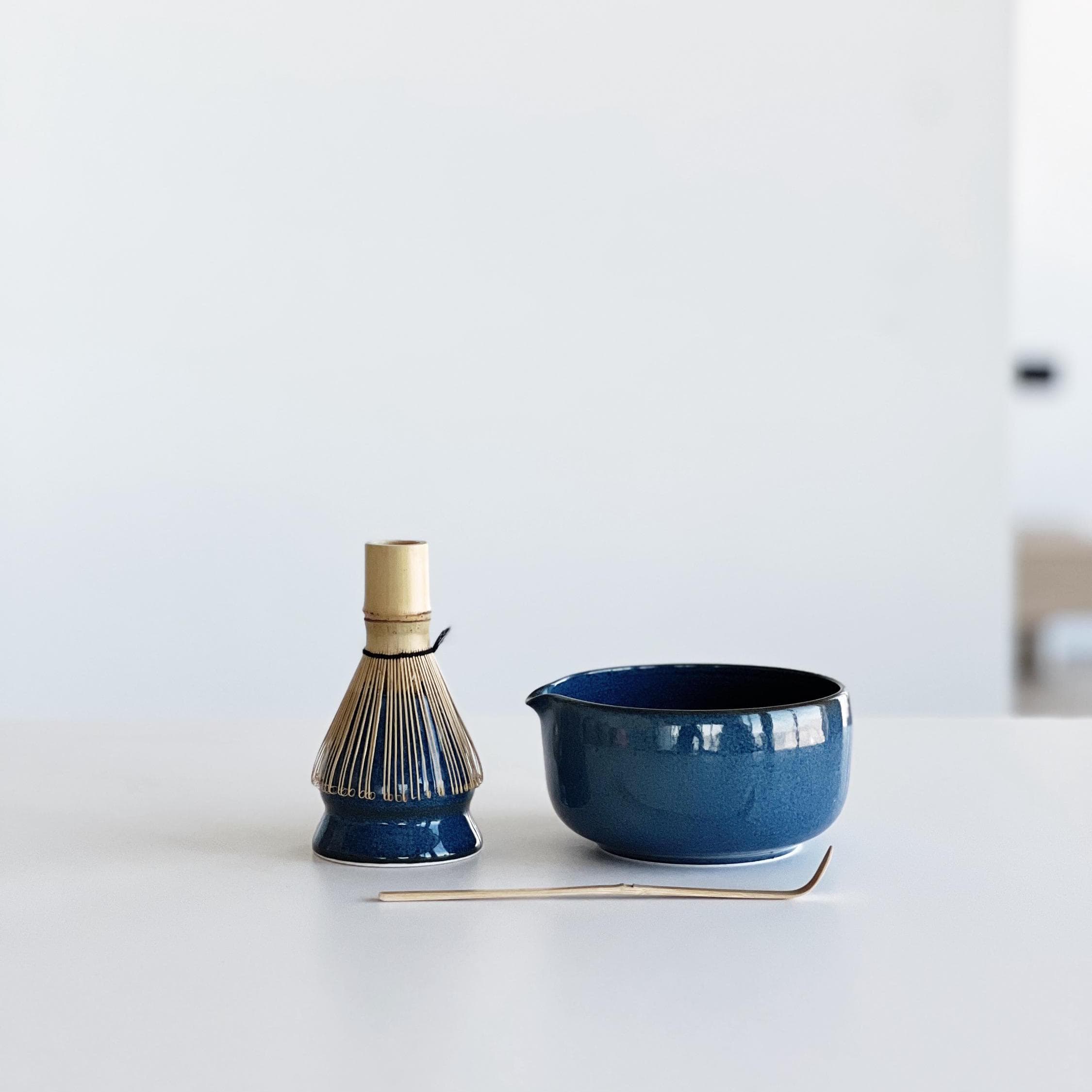 Handmade Navy Blue Ceramic Matcha Bowl Set: Bowl with Pouring Spout and Whisk Holder