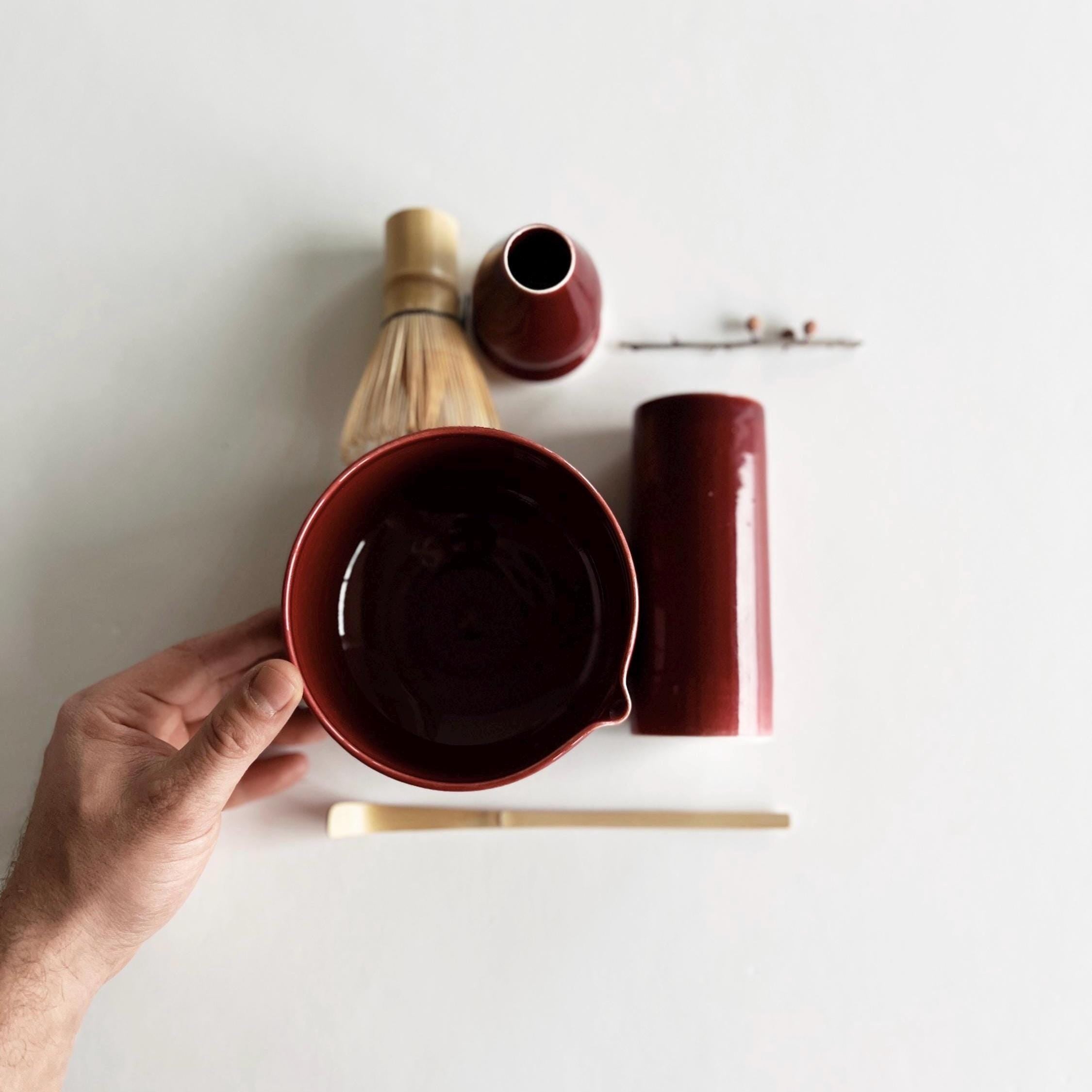 Handmade Cherry Ceramic Matcha Set: Bowl, Vase, Whisk Holder