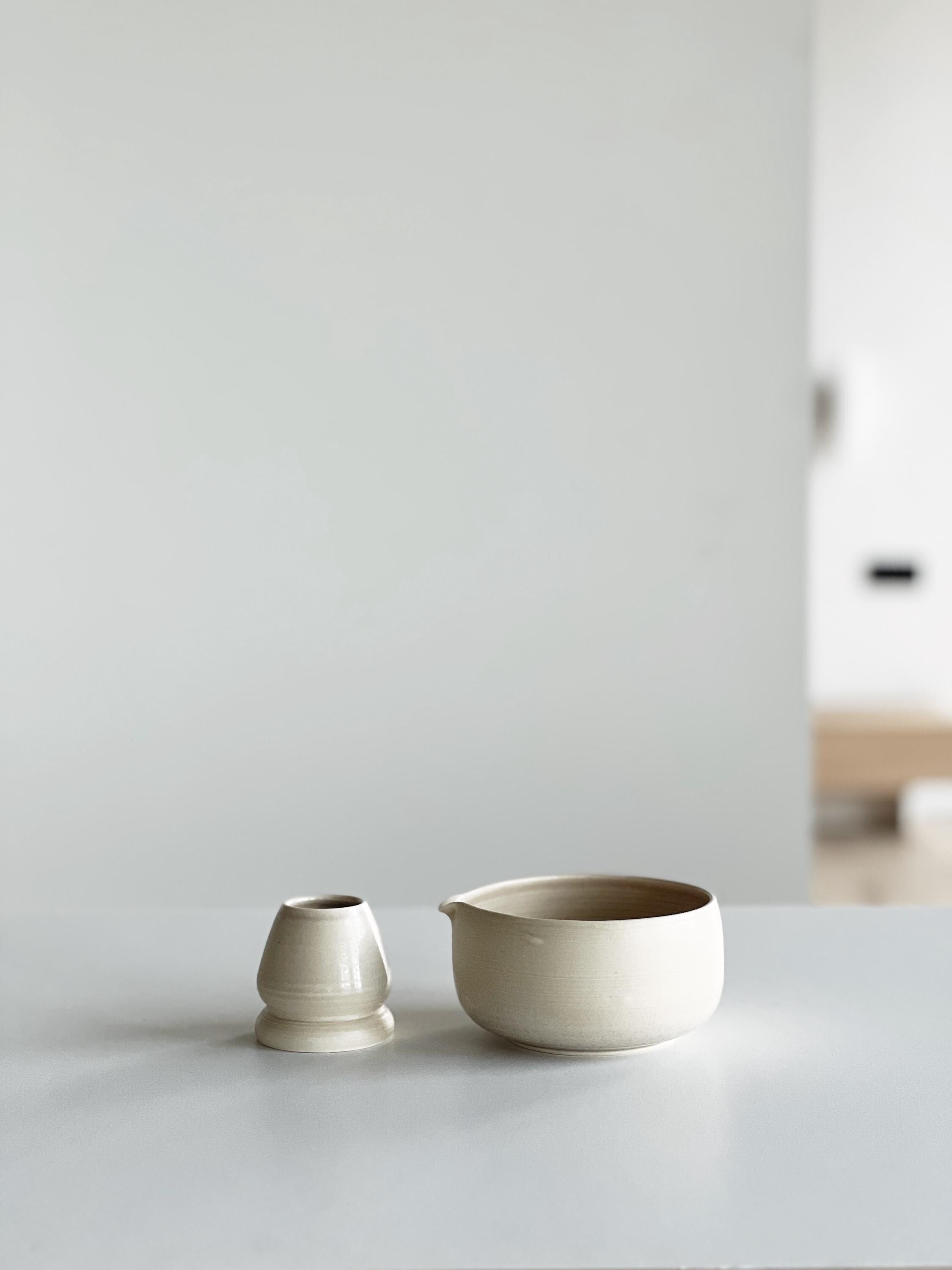 Handmade Ivory Ceramic Matcha Bowl Set: Bowl with Pouring Spout and Whisk Holder
