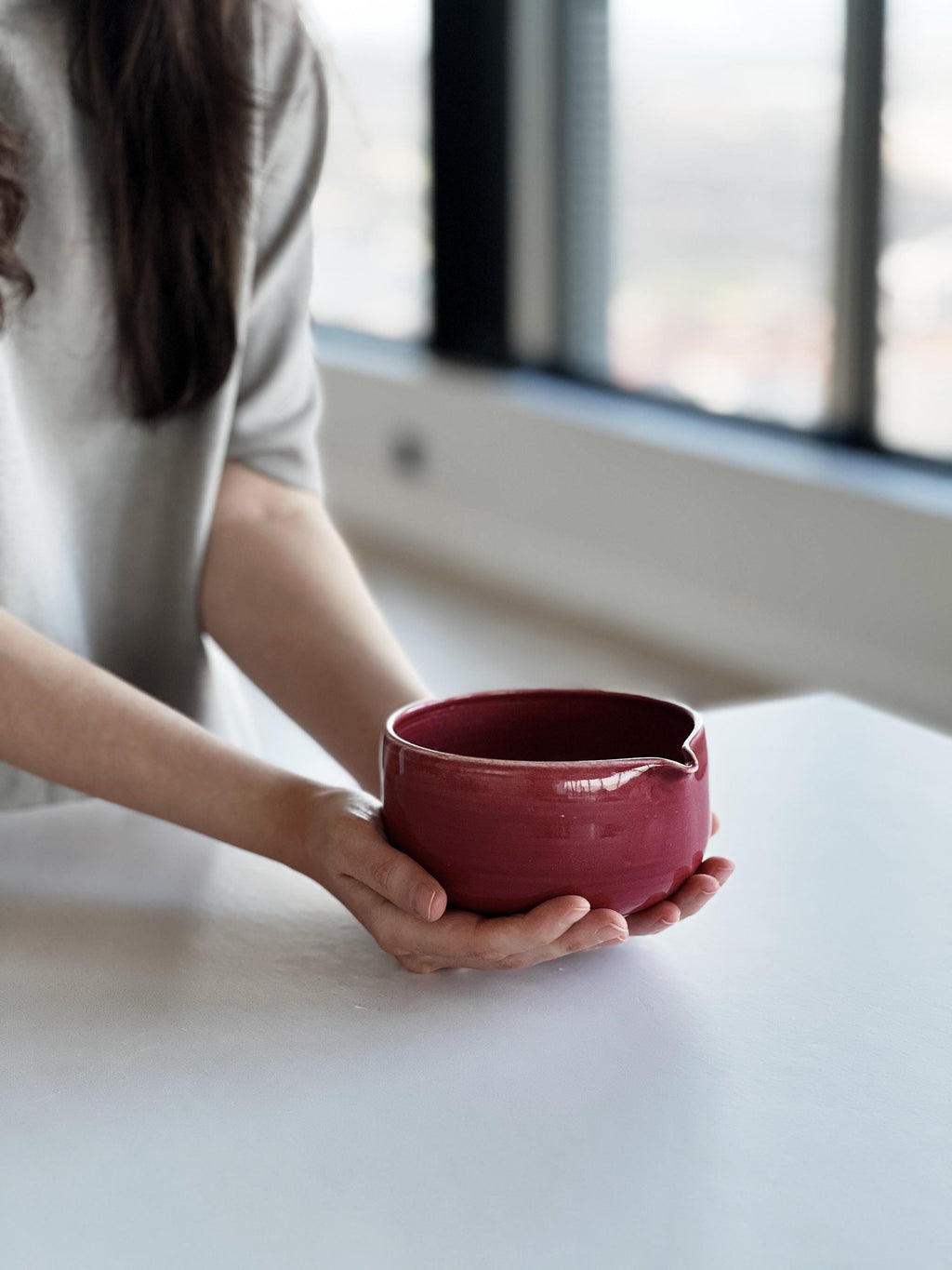 Handmade Cherry Ceramic Matcha Bowl Set: Bowl with Pouring Spout and Whisk Holder