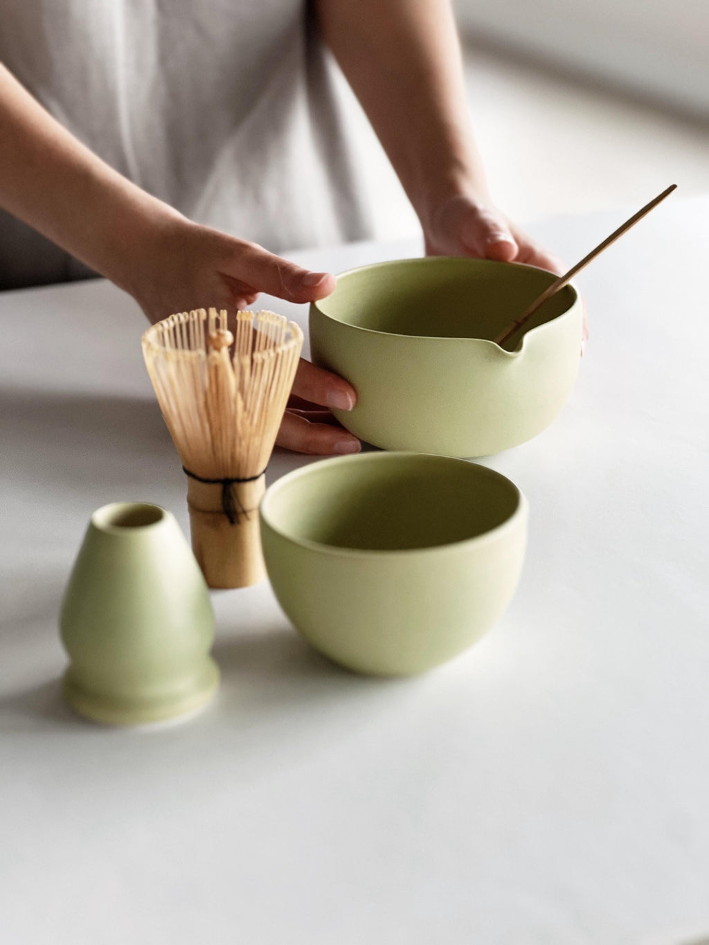 Handmade Lime Green Porcelain Matcha Bowl Set with Pouring Spout, Whisk Holder, Tea Cup
