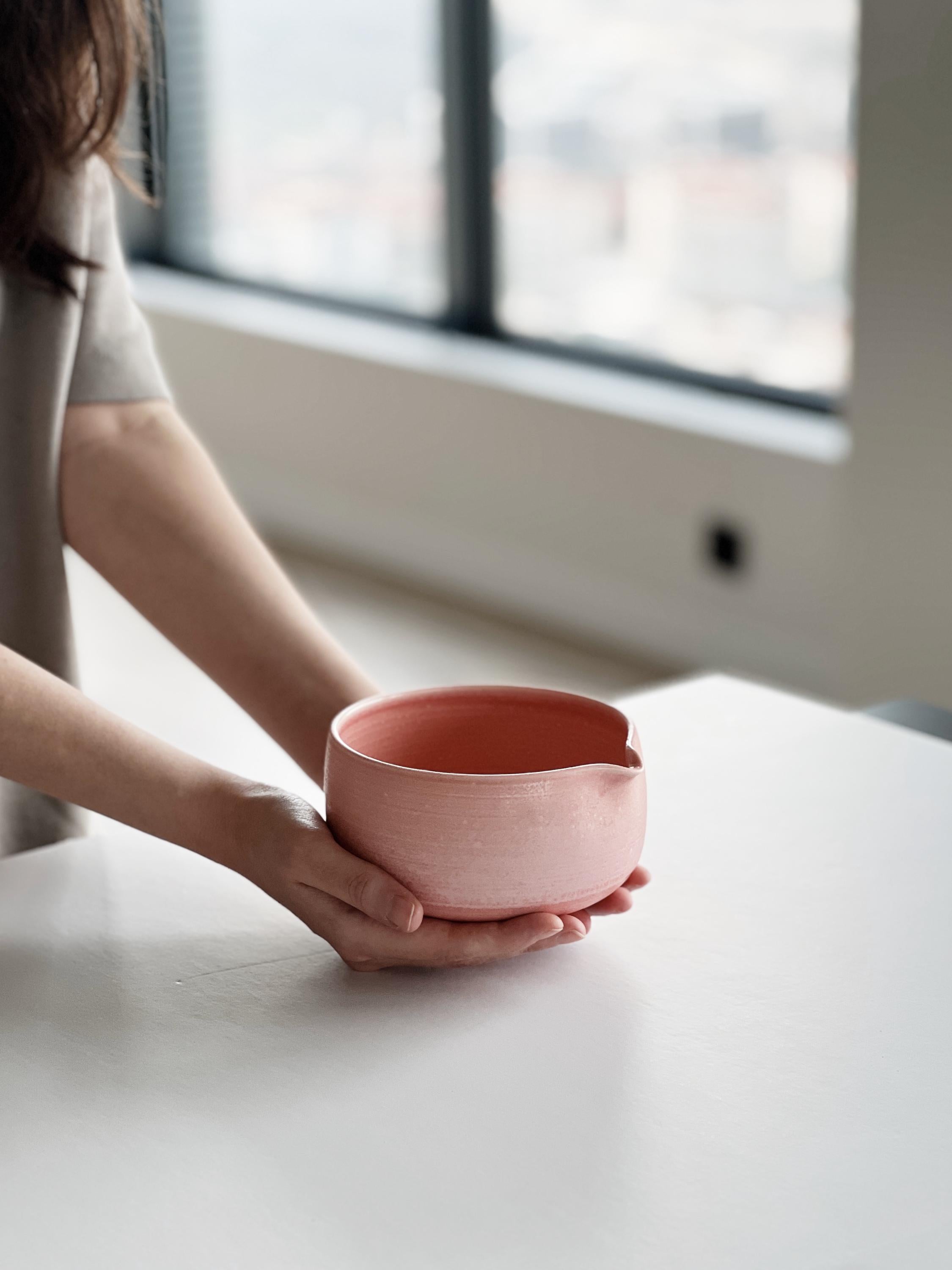 Handmade Blush Pink Ceramic Matcha Bowl Set: Bowl with Pouring Spout and Whisk Holder