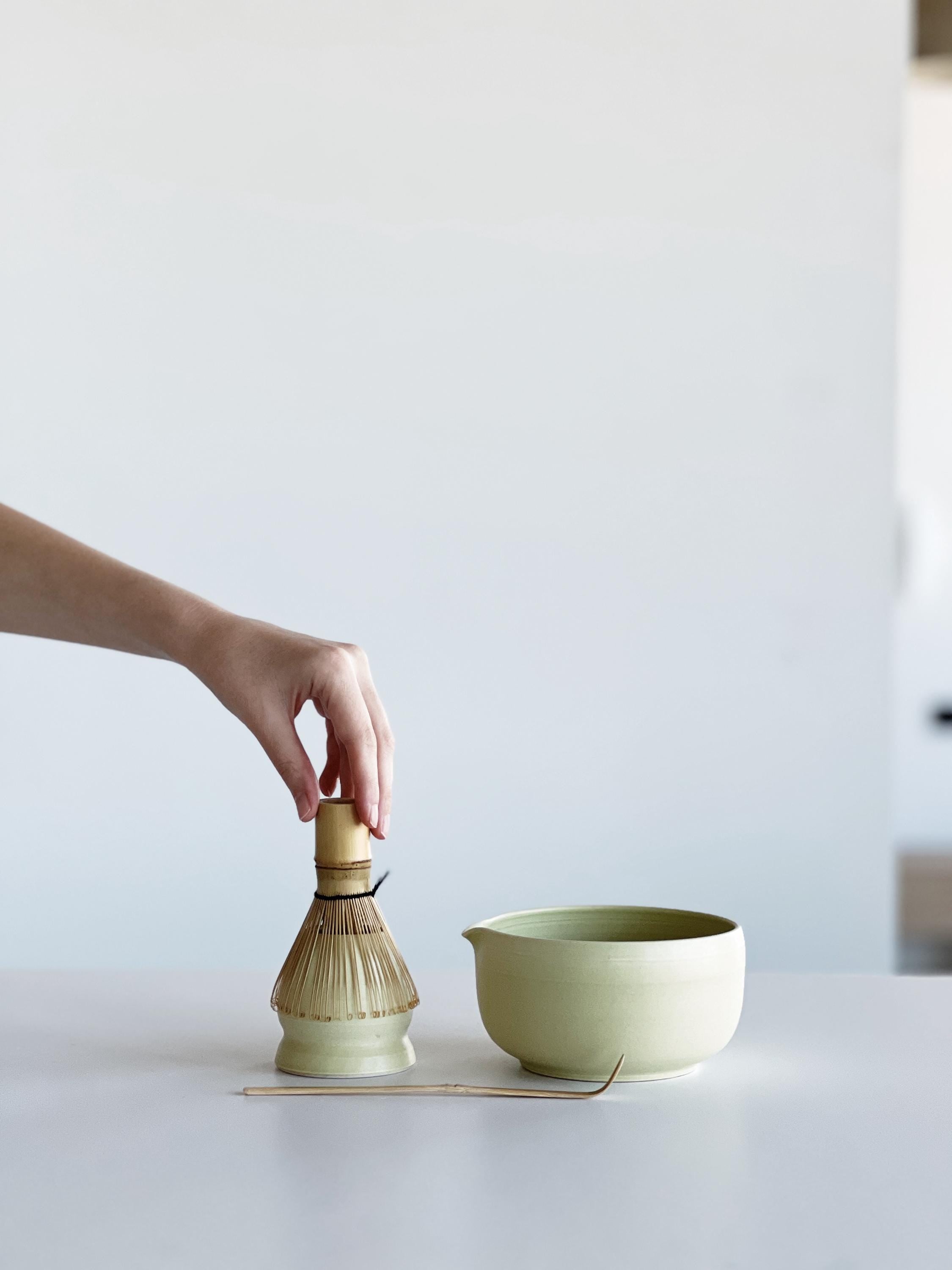 Handmade Lime Green Ceramic Matcha Bowl Set: Bowl with Pouring Spout and Whisk Holder