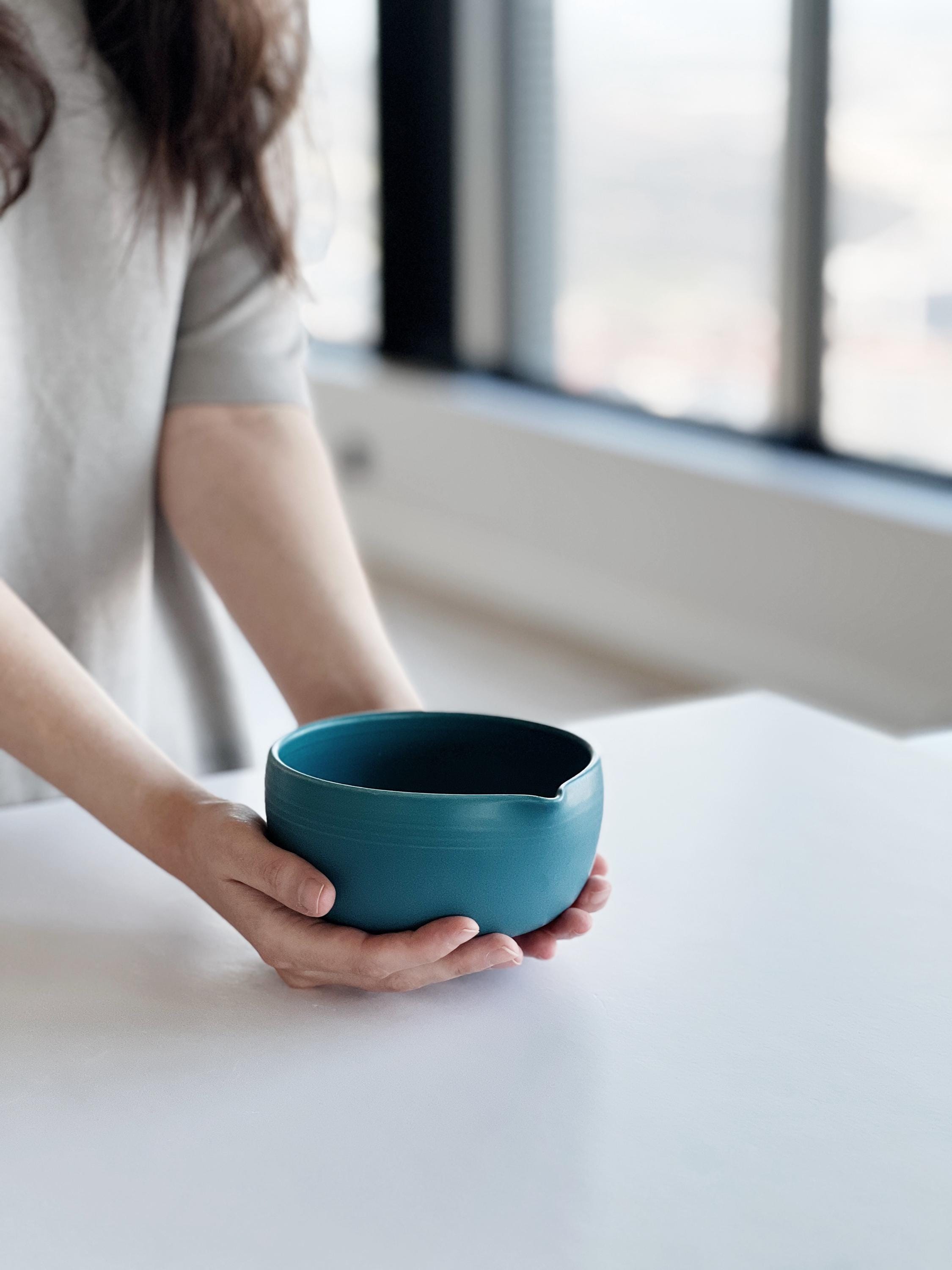 Handmade Indigo Blue Ceramic Matcha Bowl Set: Bowl with Pouring Spout and Whisk Holder