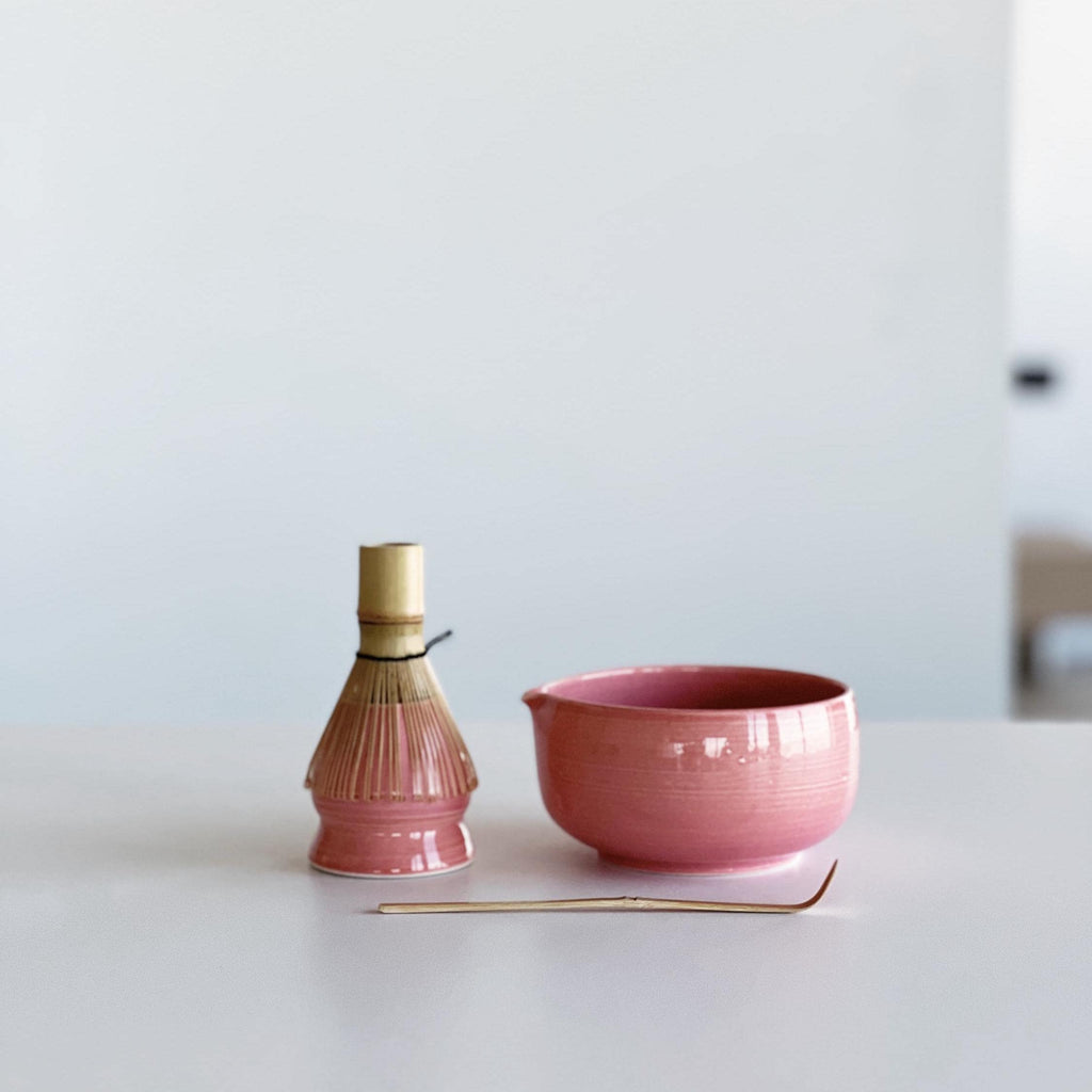 Handmade Glossy Pink Ceramic Matcha Bowl Set: Bowl with Pouring Spout and Whisk Holder