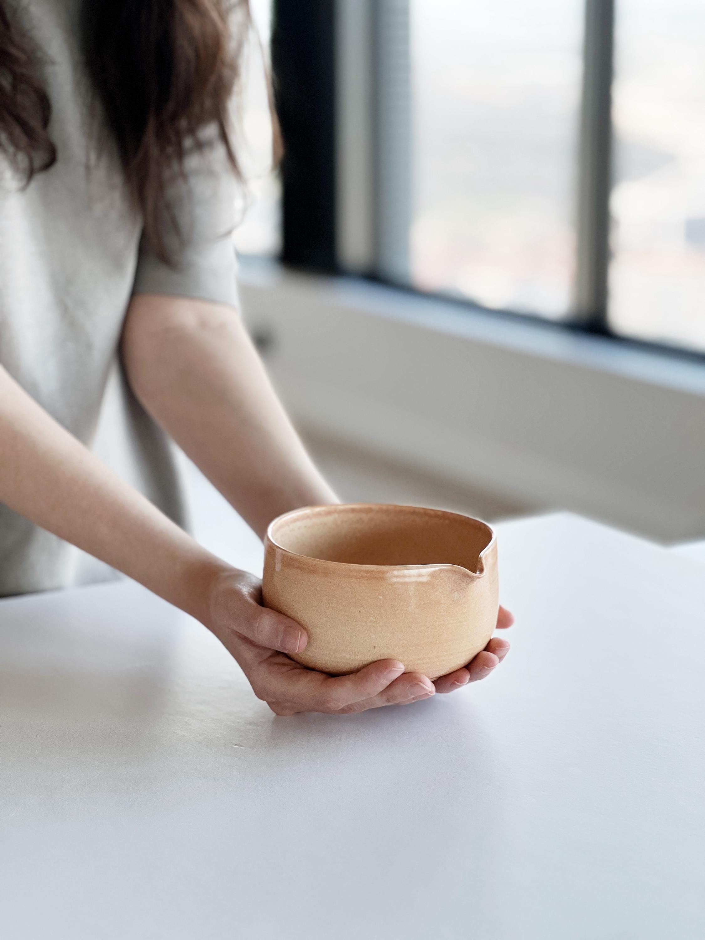 Handmade Salmon Ceramic Matcha Bowl Set: Bowl with Pouring Spout and Whisk Holder