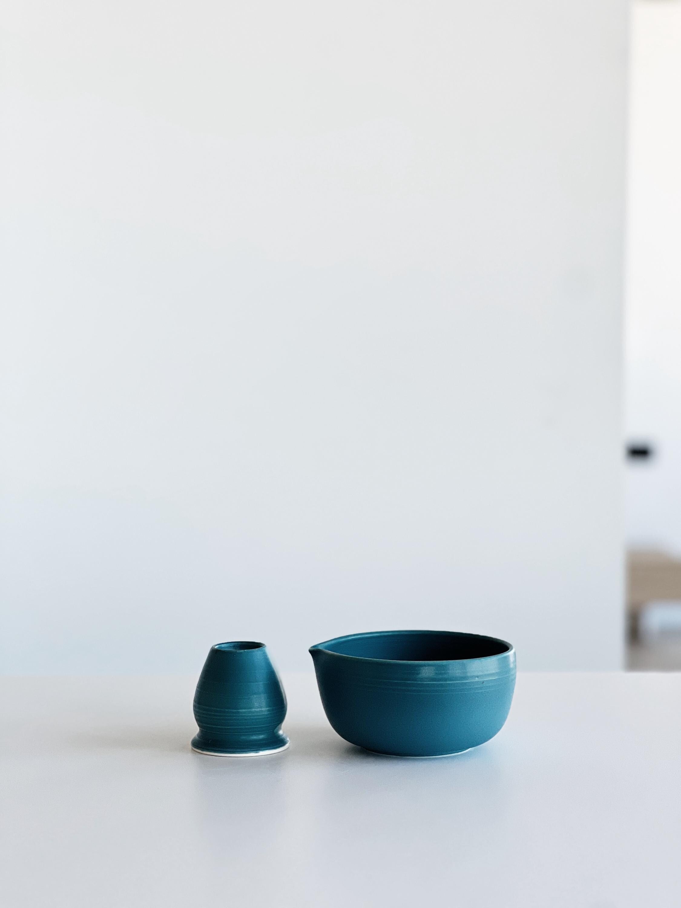 Handmade Indigo Blue Ceramic Matcha Bowl Set: Bowl with Pouring Spout and Whisk Holder