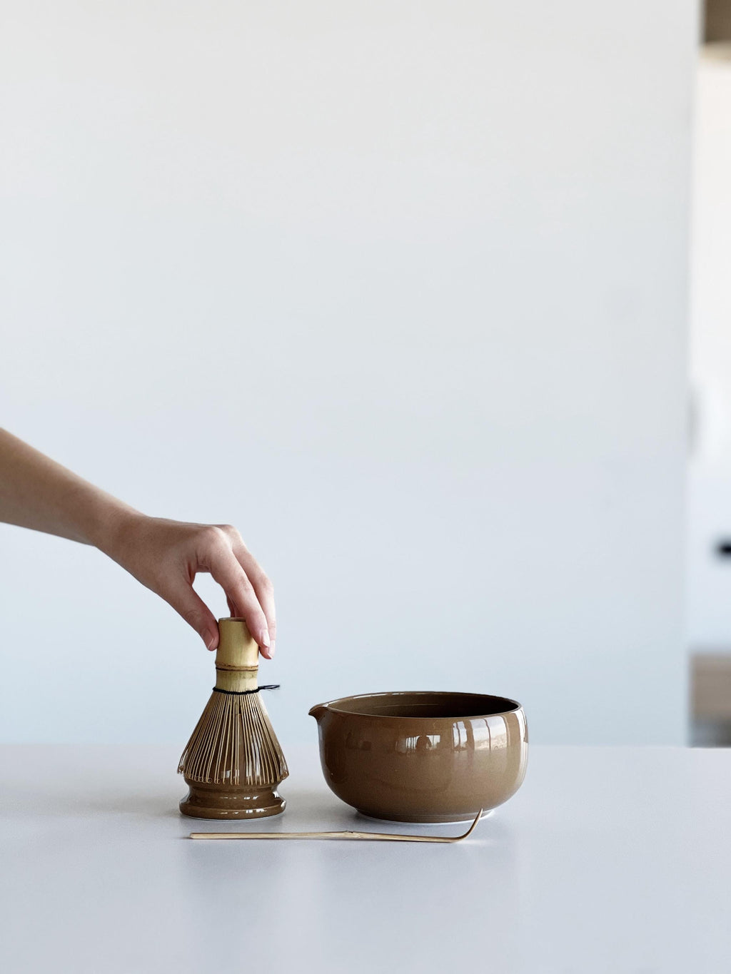 Handmade Glossy Brown Ceramic Matcha Bowl Set: Bowl with Pouring Spout and Whisk Holder