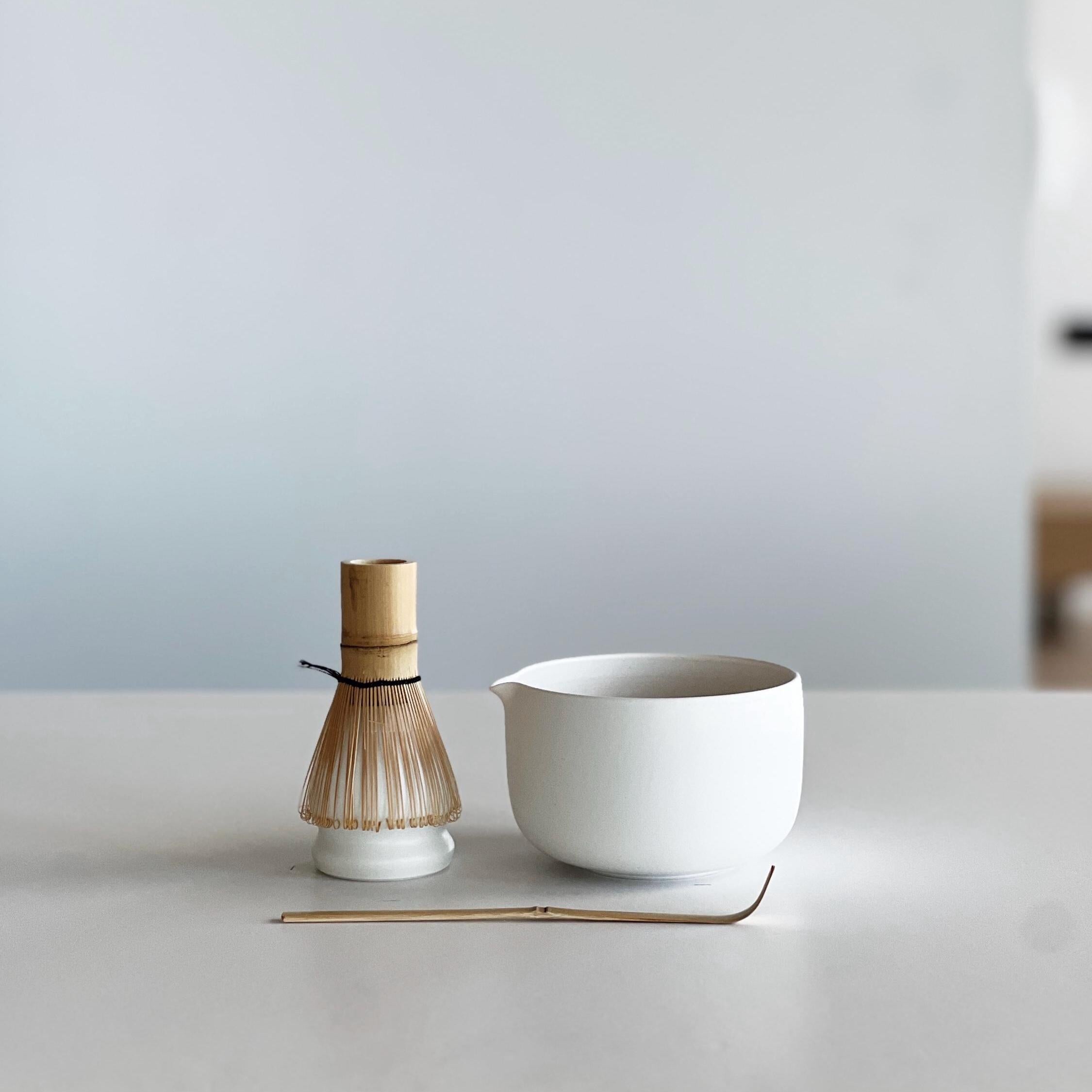 Handmade White Porcelain Matcha Bowl Set: Spout Bowl, Tea Cup, Whisk Holder